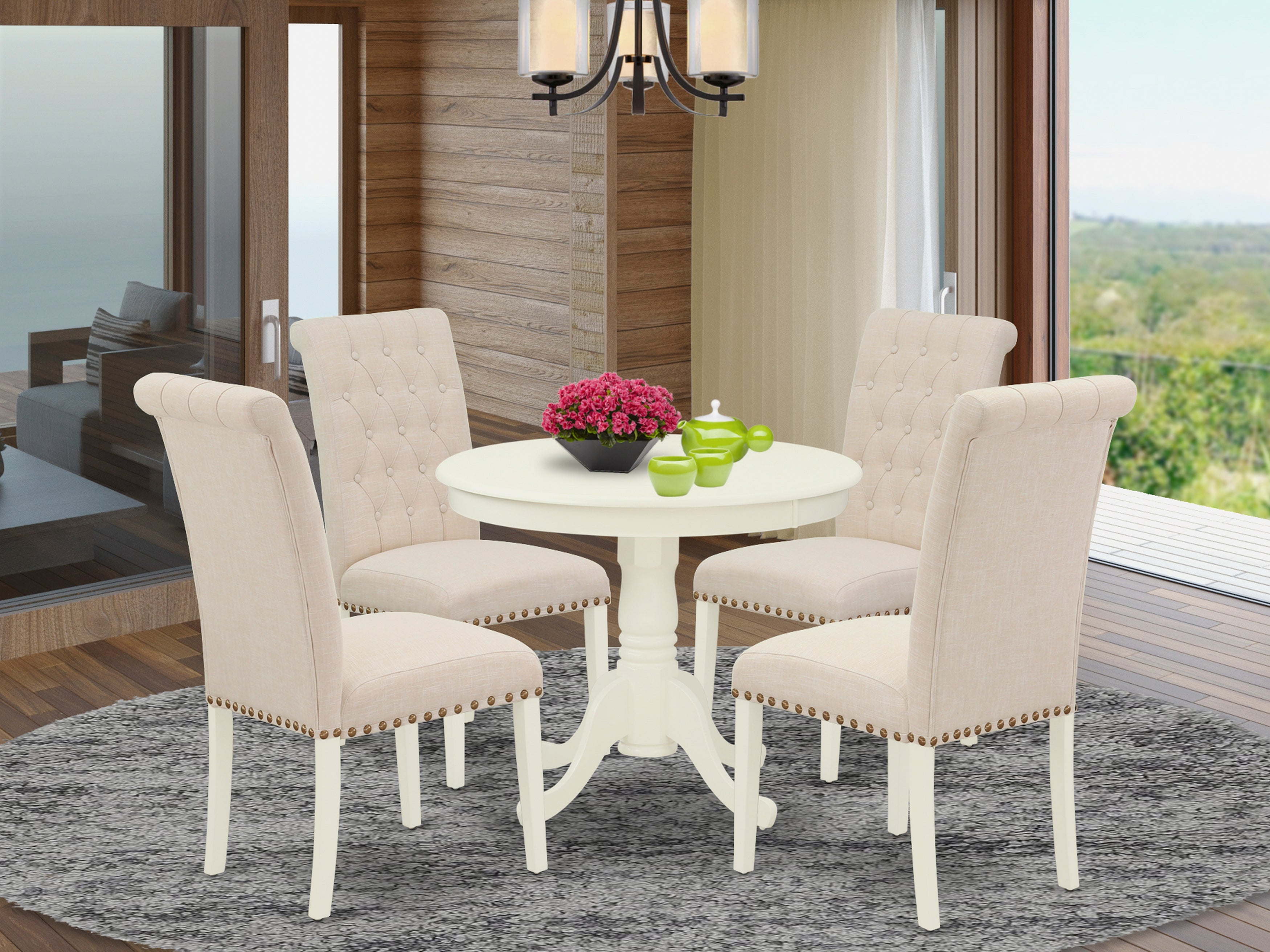 ANBR5-LWH-02 5Pc Dining Set Includes a Small Round Dinette Table and Four Parson Chairs with Light Beige Fabric, Linen White Finish