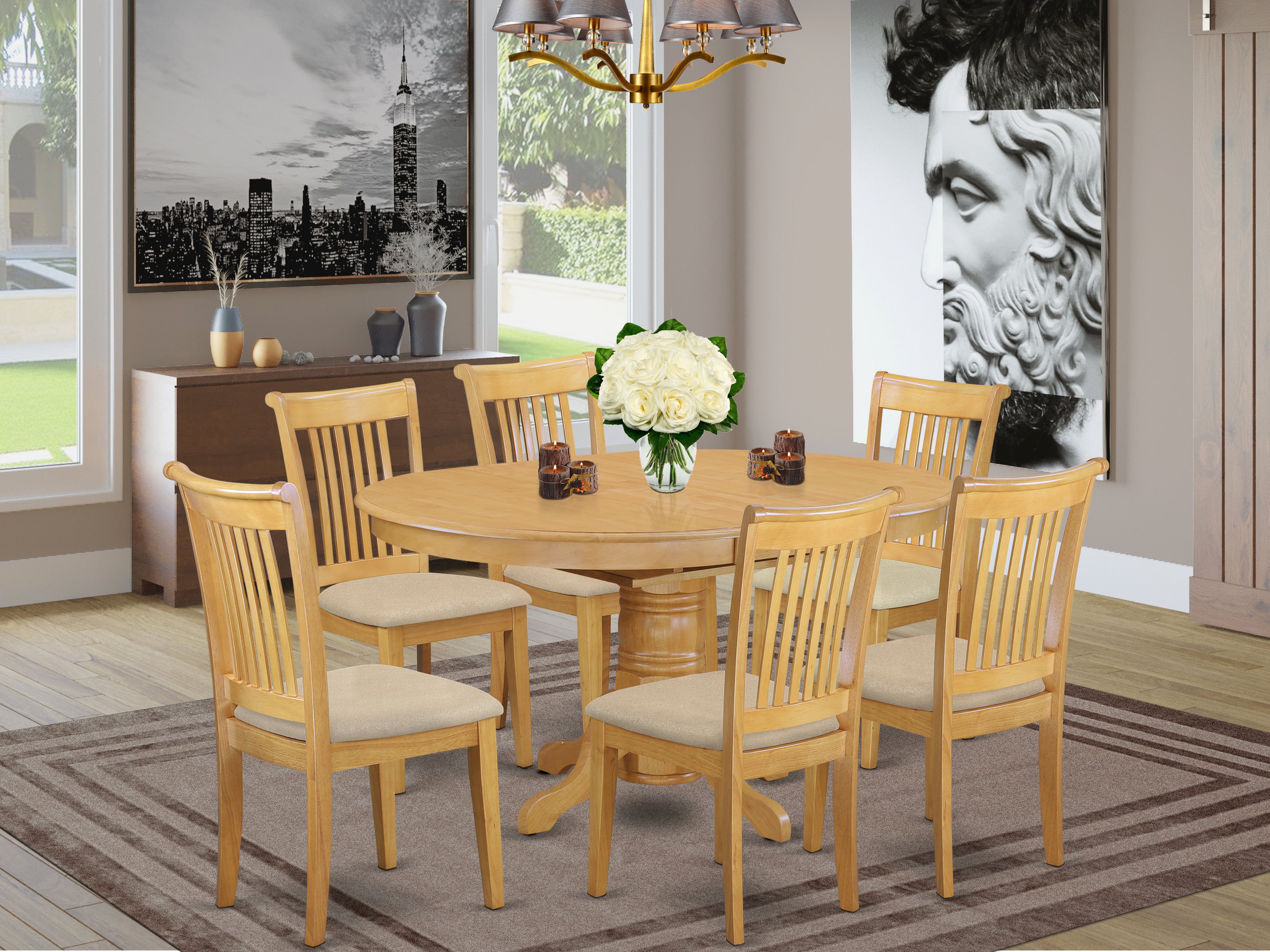 AVPO7-OAK-C 7 Pc Dining set with a Kitchen Table and 6 Cushion Seat Kitchen Chairs in Oak