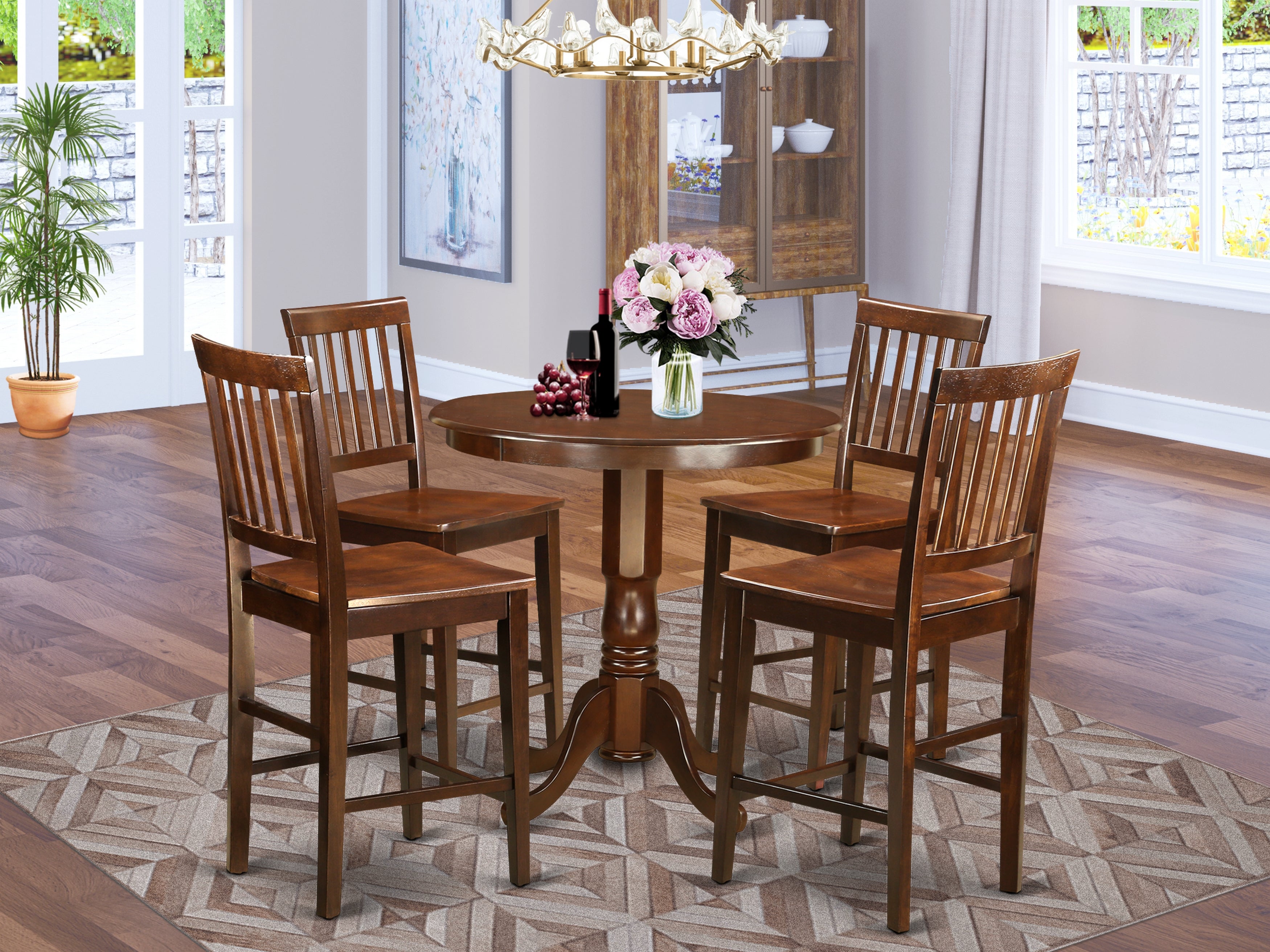 JAVN5-MAH-W 5 Pc Dining counter height set-pub Table and 4 Dining Chairs.