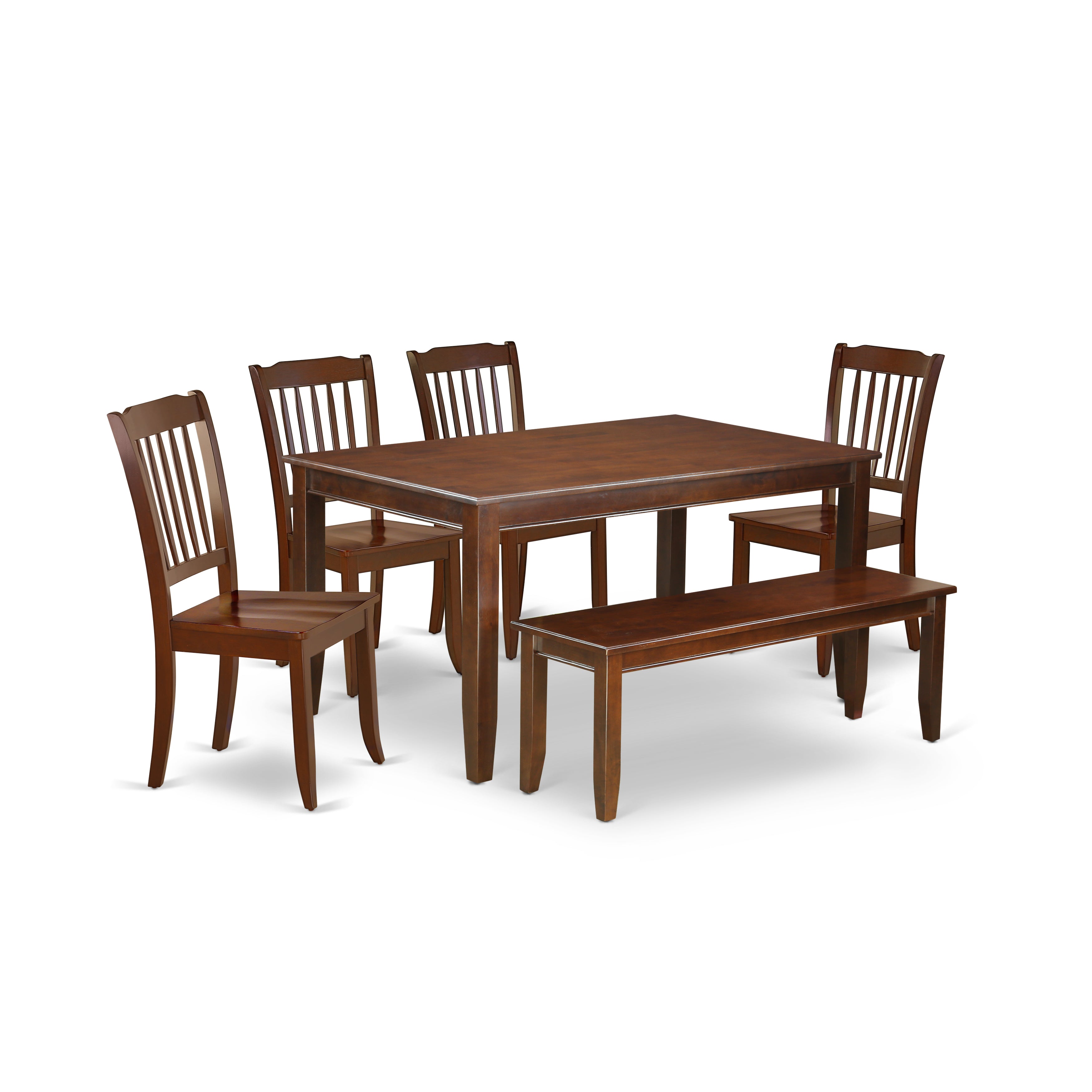 DUDA6-MAH-W 6PC Rectangular 60 inch Table and 4 vertical slatted Chairs plus 1 bench