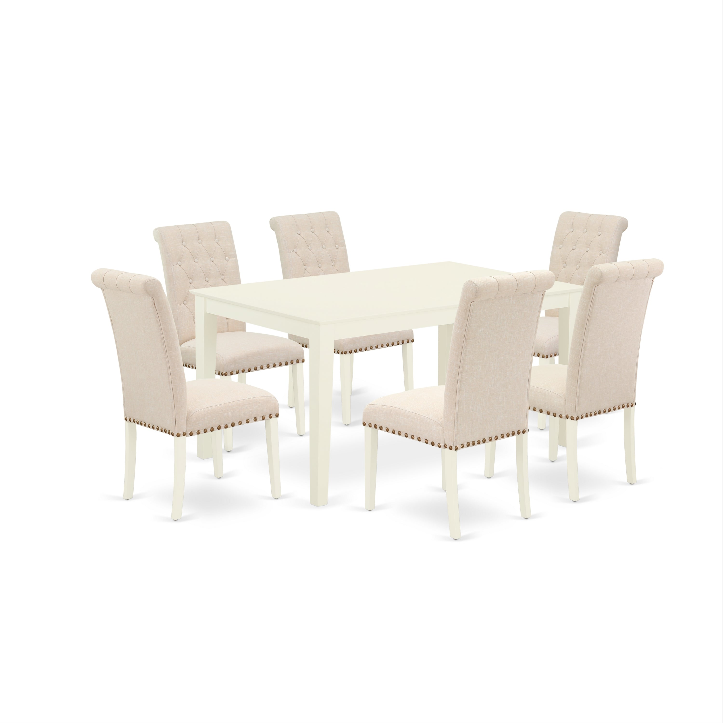 CABR7-LWH-02 7Pc Dinette Set Includes a Rectangular Kitchen Table and Six Parson Chairs with Light Beige Fabric, Linen White Finish