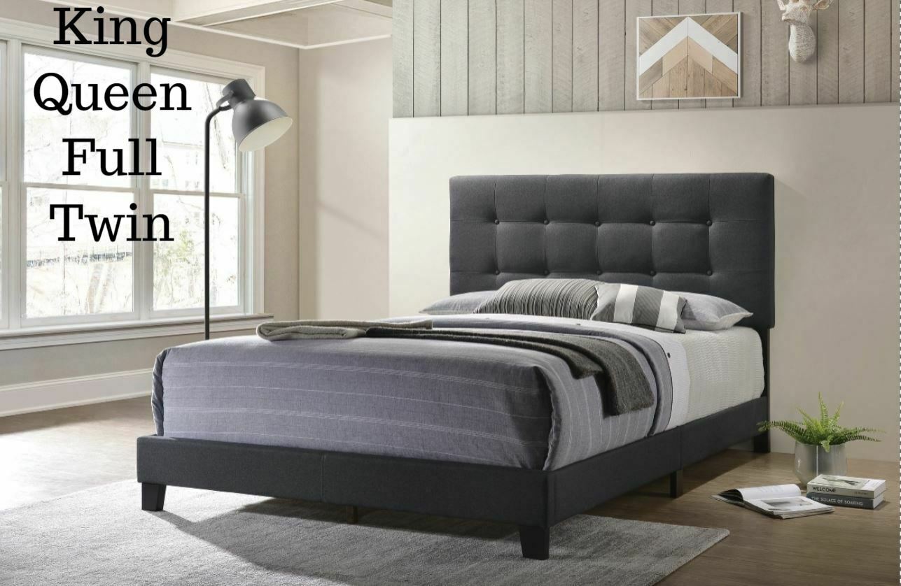 Platform Upholstered Gray Tufted Fabric Bed Frame Headboard King Queen Full Twin