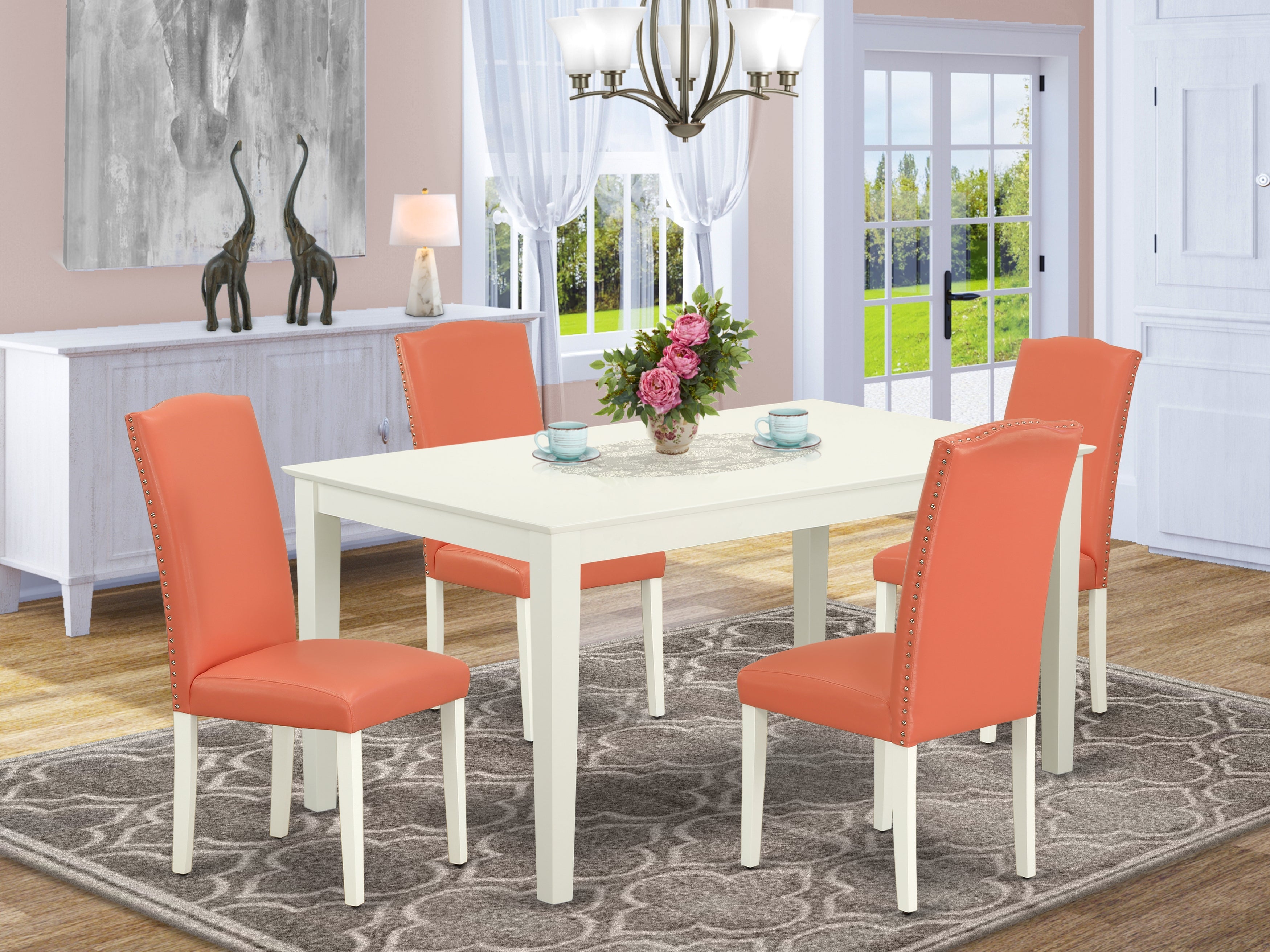 CAEN5-LWH-78 5Pc Rectangle 60" Dining Room Table And 4 Parson Chair With Linen White Leg And Pu Leather Color Pink Flamingo