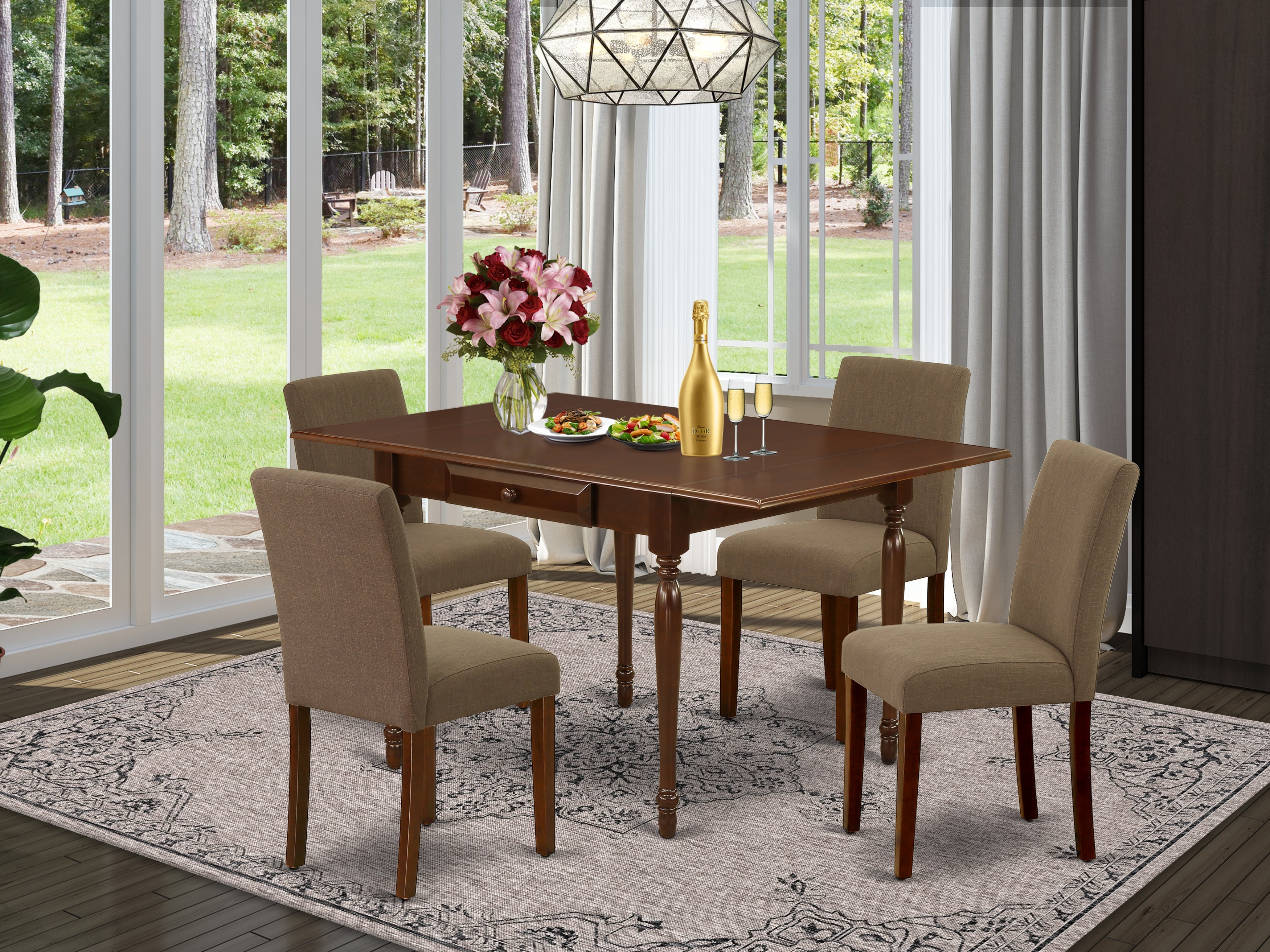 East West Furniture MZAB5-MAH-18 5Pc Modern Dining Table Set Includes a Wood Dining Table and 4 Parson Chairs with Coffee Color Linen Fabric, Drop Leaf Table with Full Back Chairs, Mahogany Finish