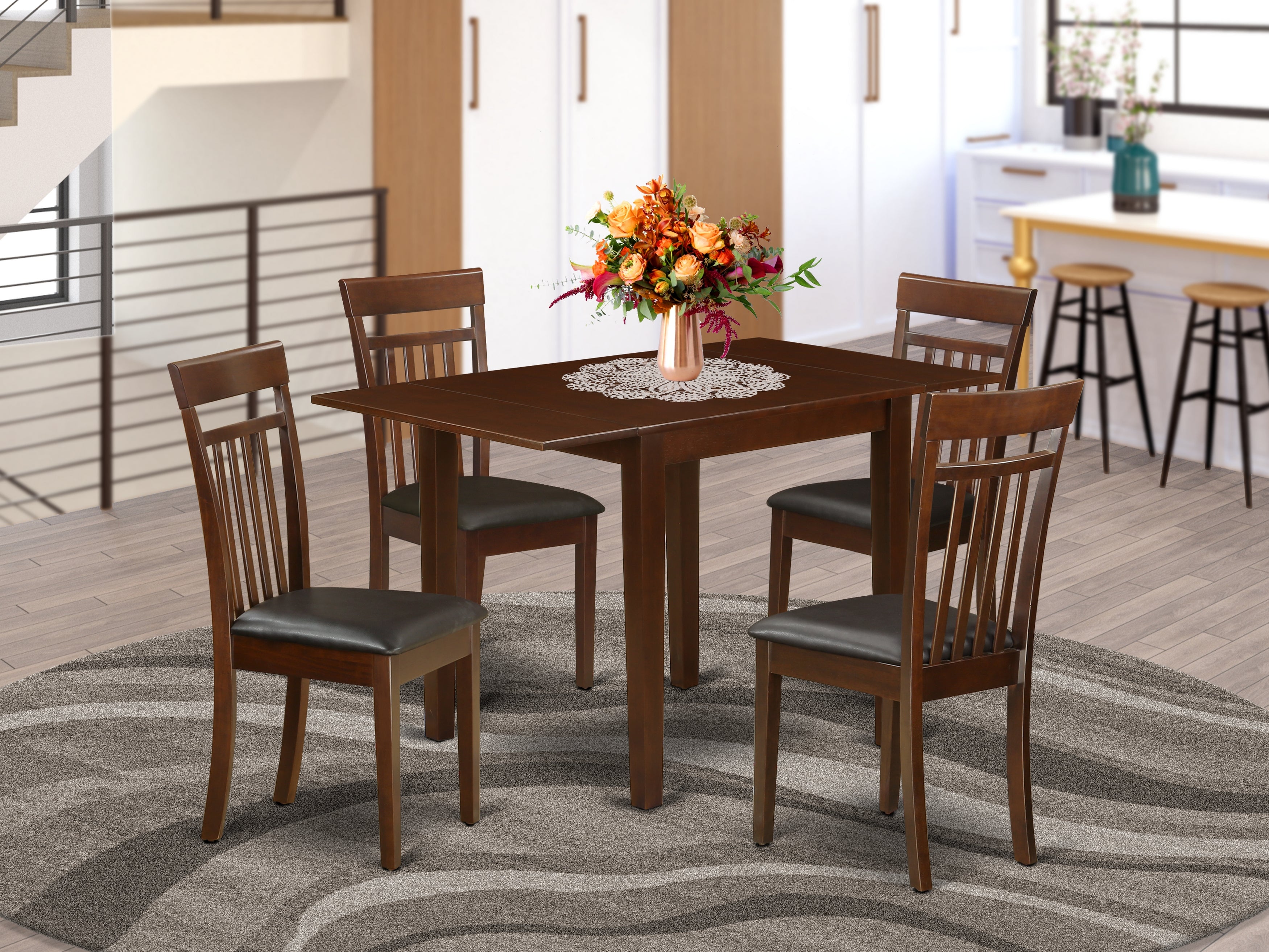 East West Furniture NDCA5-MAH-LC Modern Dining Table Set for 5- Four Outstanding Wooden Dining Room Chairs - an Attractive Dining Room Table - Mahogany Color Faux Leather - Mahogany Finish Wood Structure