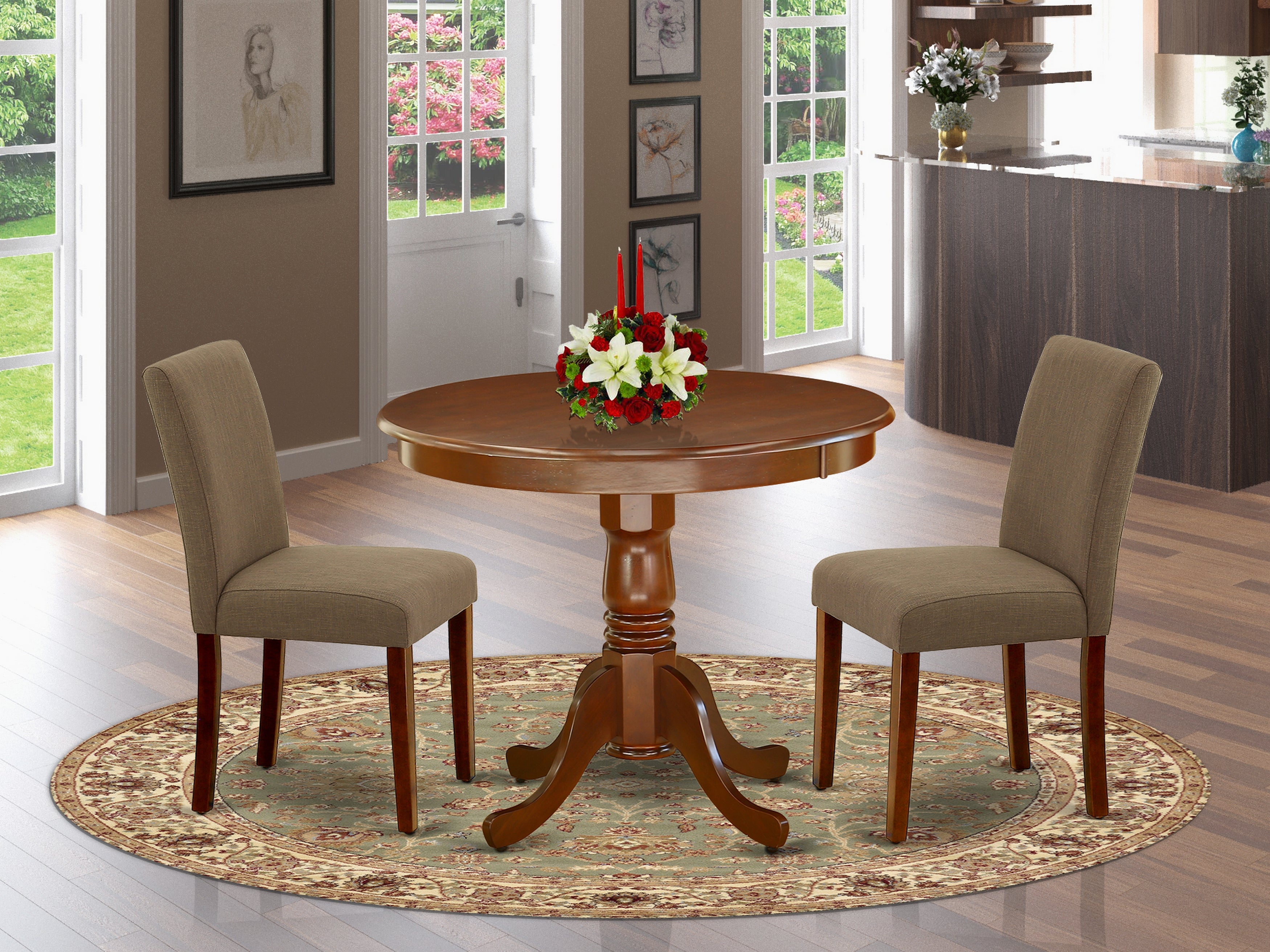 ANAB3-MAH-18 3Pc Rounded 36 Inch Dinette Table And Two Parson Chair With Mahogany Leg And Linen Fabric Coffee