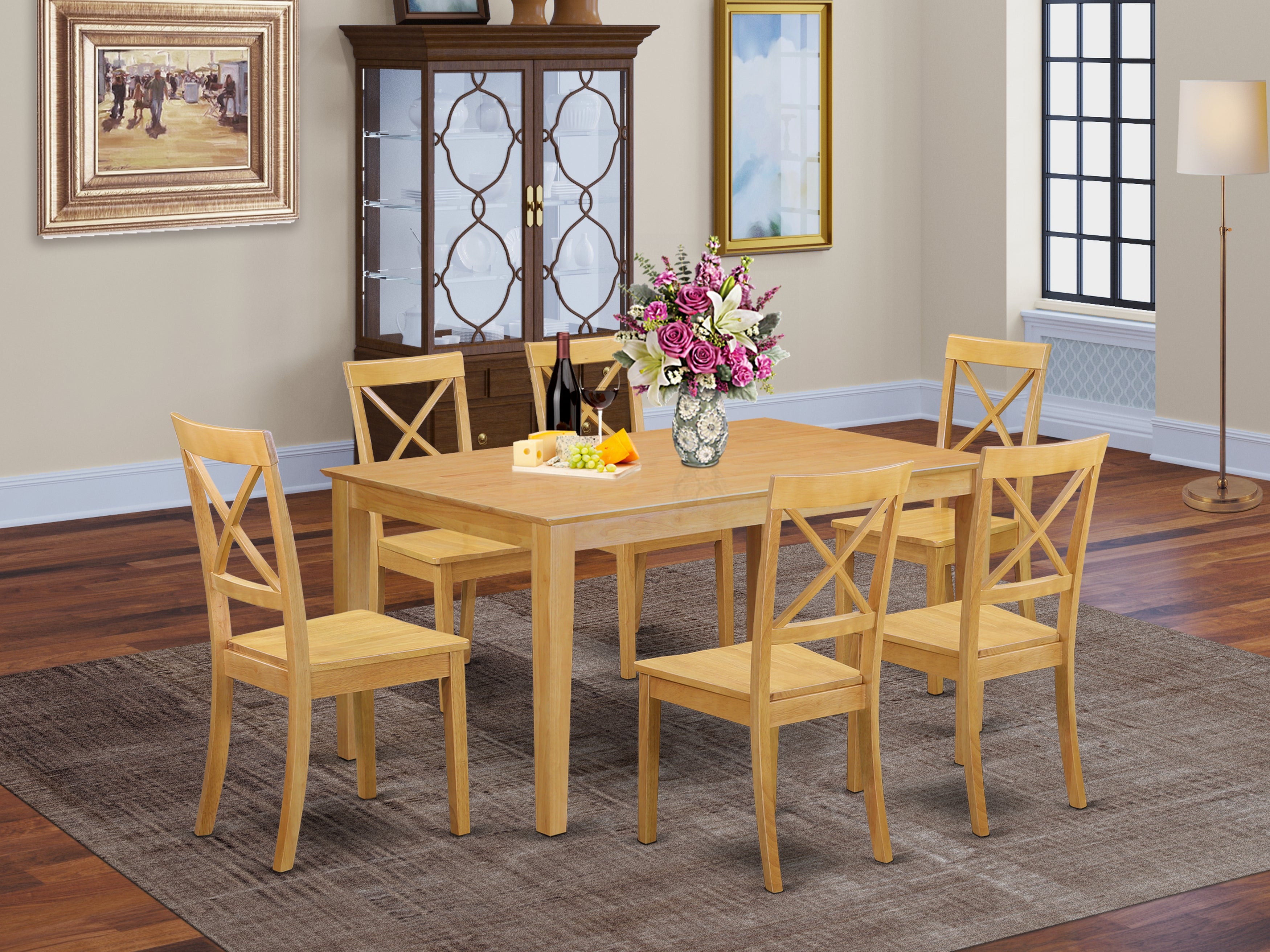 CABO7-OAK-W 7 Piece dining room Set for 6 set-Dining table and 6 Wood Seat Dining Chairs in Oak