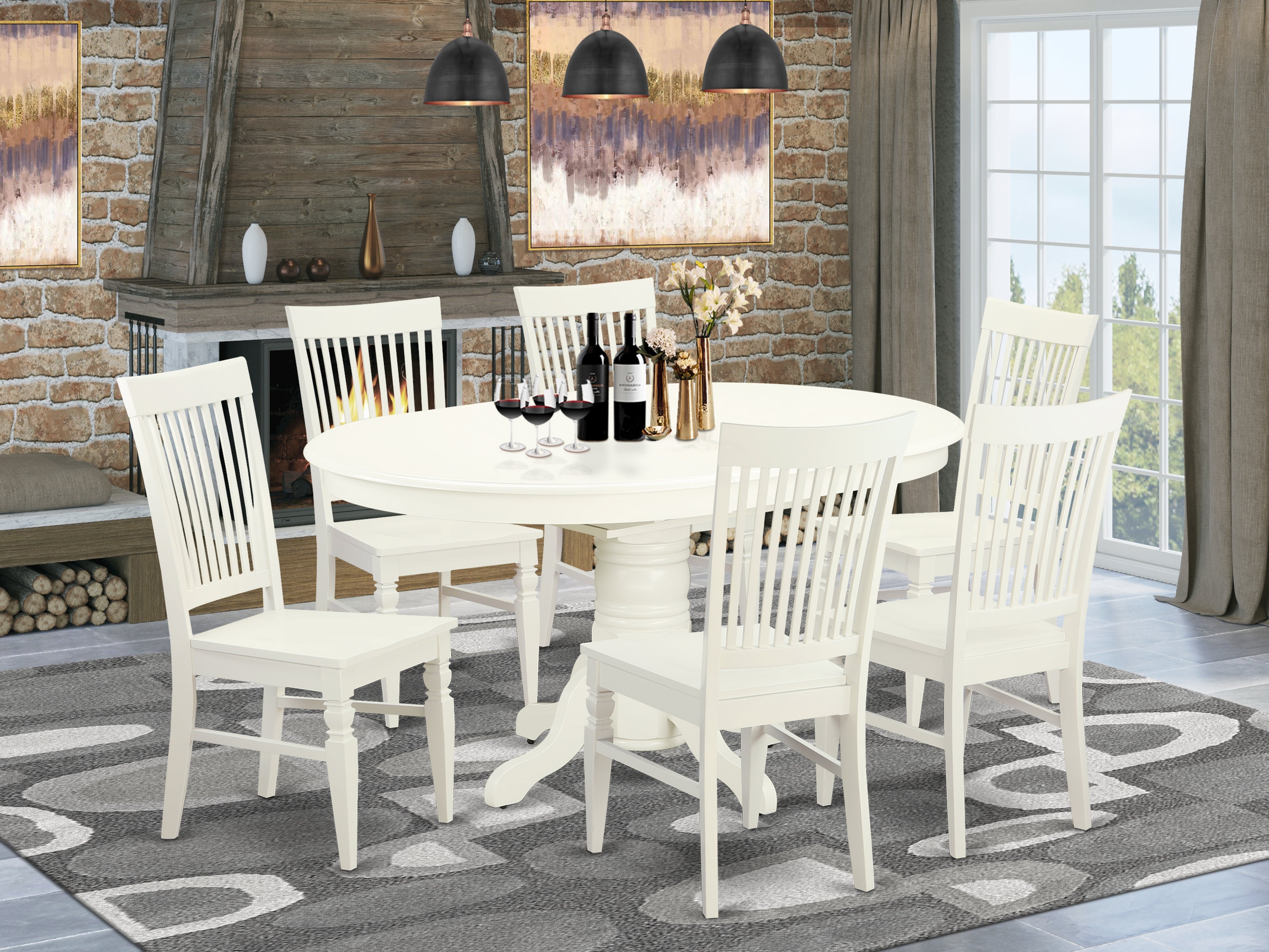 AVWE7-LWH-W 7 Pc Dining set with a Kitchen Table and 6 Wood Seat Kitchen Chairs in Linen White