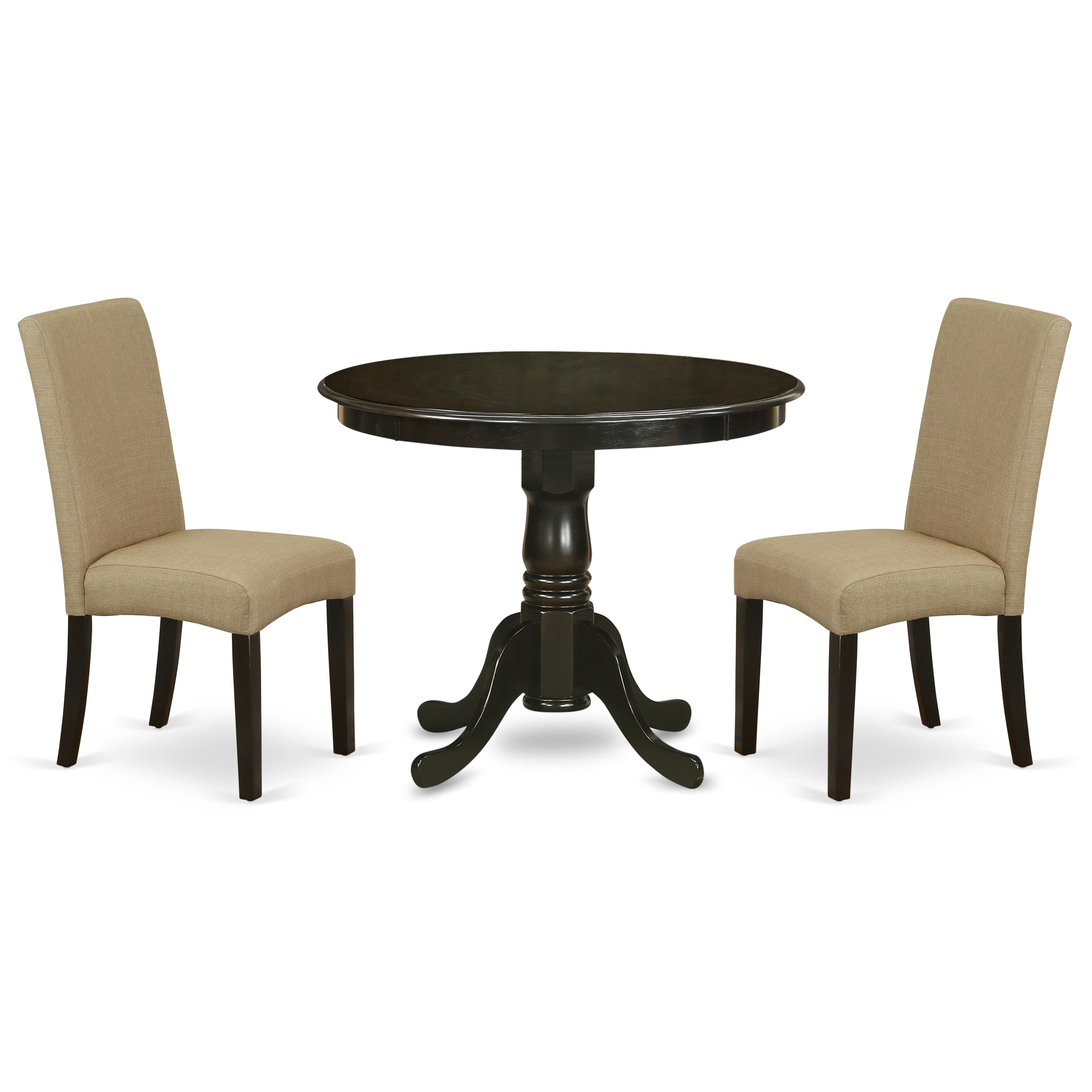 ANDR3-CAP-03 3Pc Round 36" Table And A Pair Of Parson Chair With Cappuccino Finish Leg And Linen Fabric- Brown Color