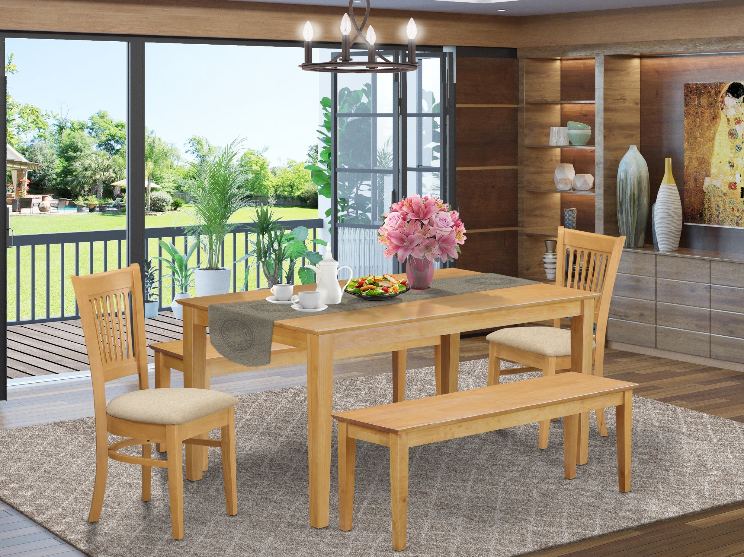 CAVA5C-OAK-C 5 Pc Dining room set - small Table and 2 Dining Chairs plus 2 Wooden benches