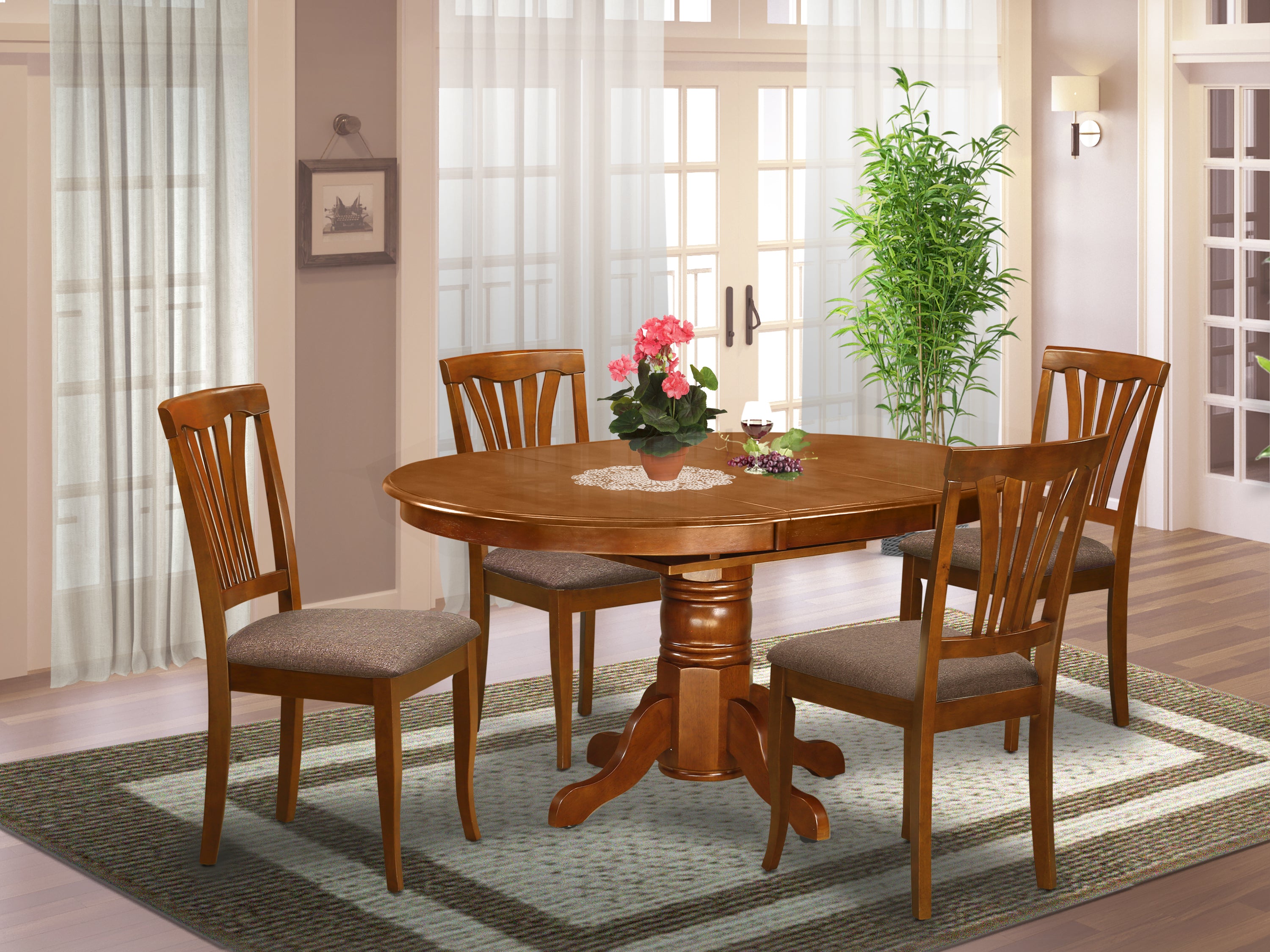 AVON5-SBR-C 5 Pc set Dinette Table featuring Leaf and 4 Upholstered Dinette Chairs in Saddle Brown