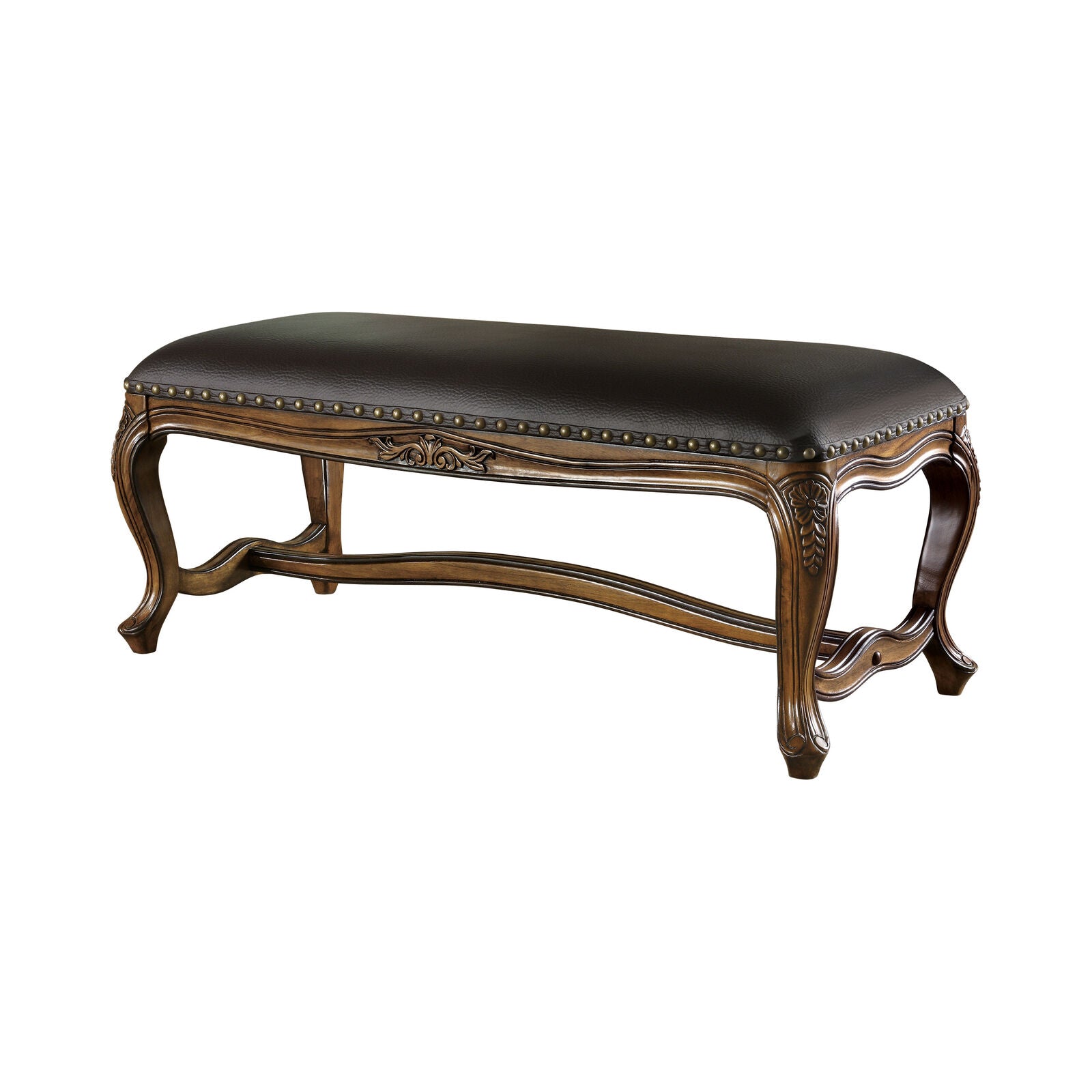 Coaster Traditional Carved Upholstered Leatherette Bench Brown And Black 501006