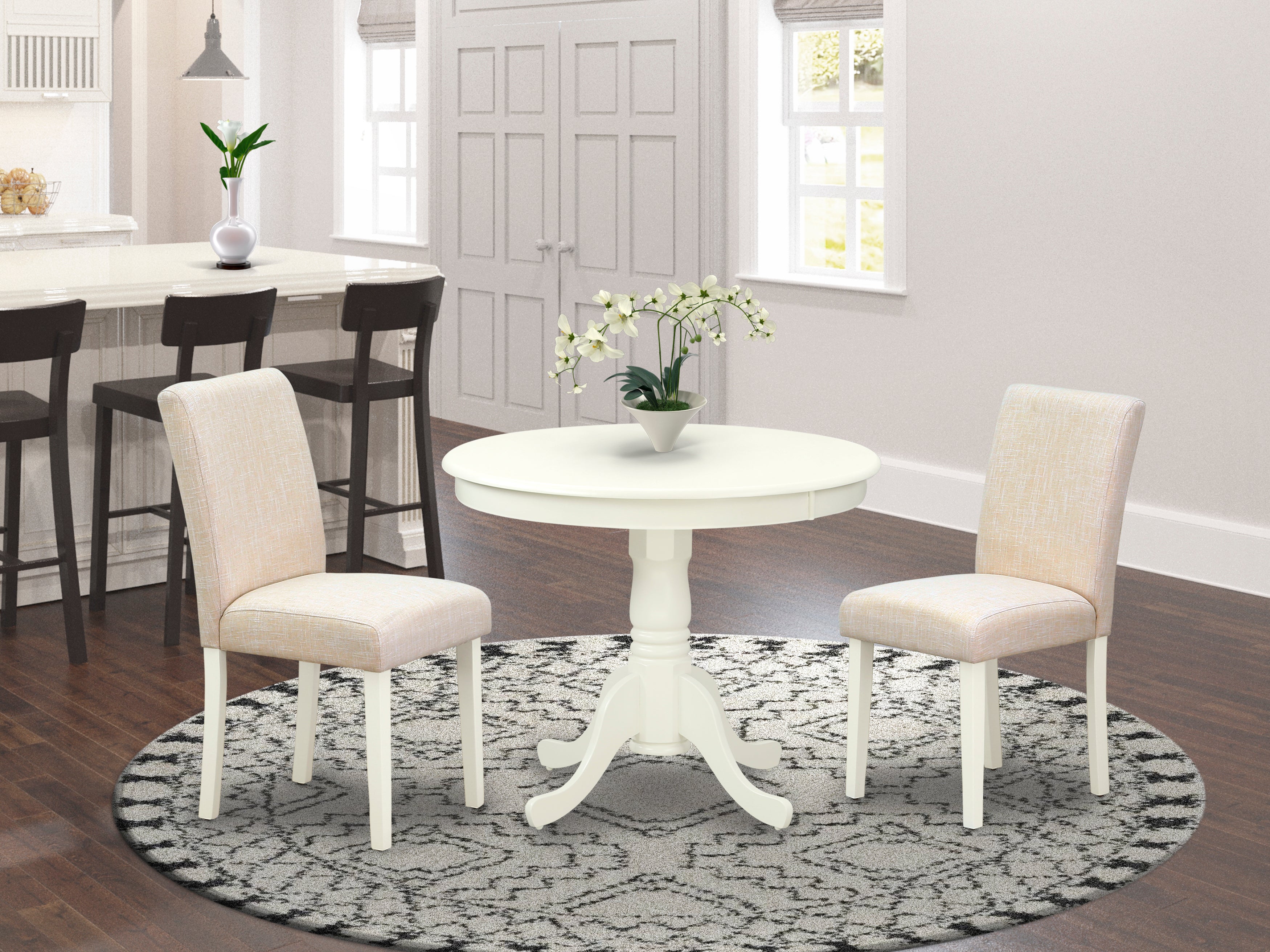 ANAB3-LWH-02 3Pc Round 36 Inch Dinette Table And Two Parson Chair With Linen White Leg And Linen Fabric Light Beige