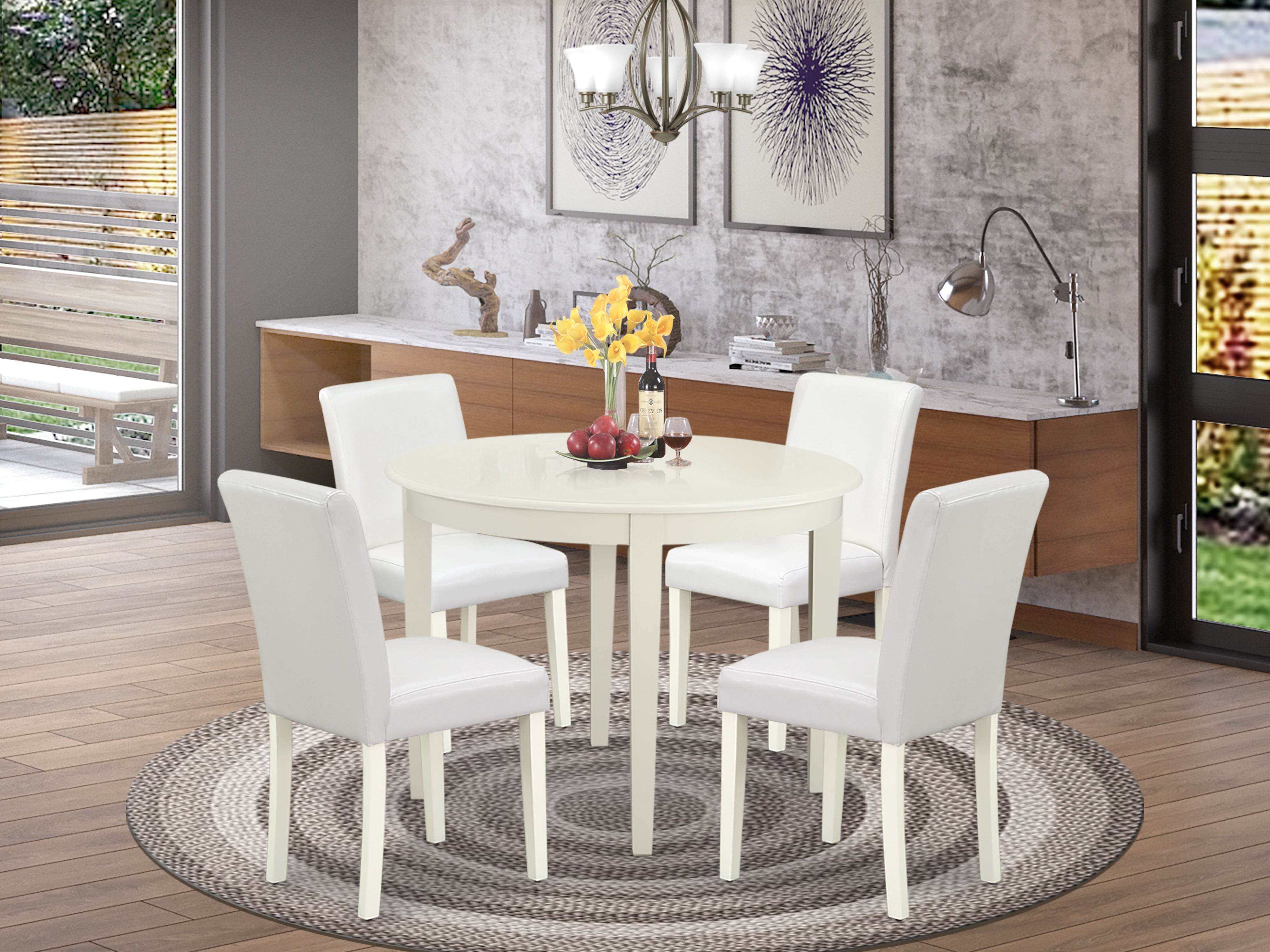 BOAB5-LWH-64 5Pc Round 42" Kitchen Table And Four Parson Chair With Linen White Leg And Pu Leather Color White