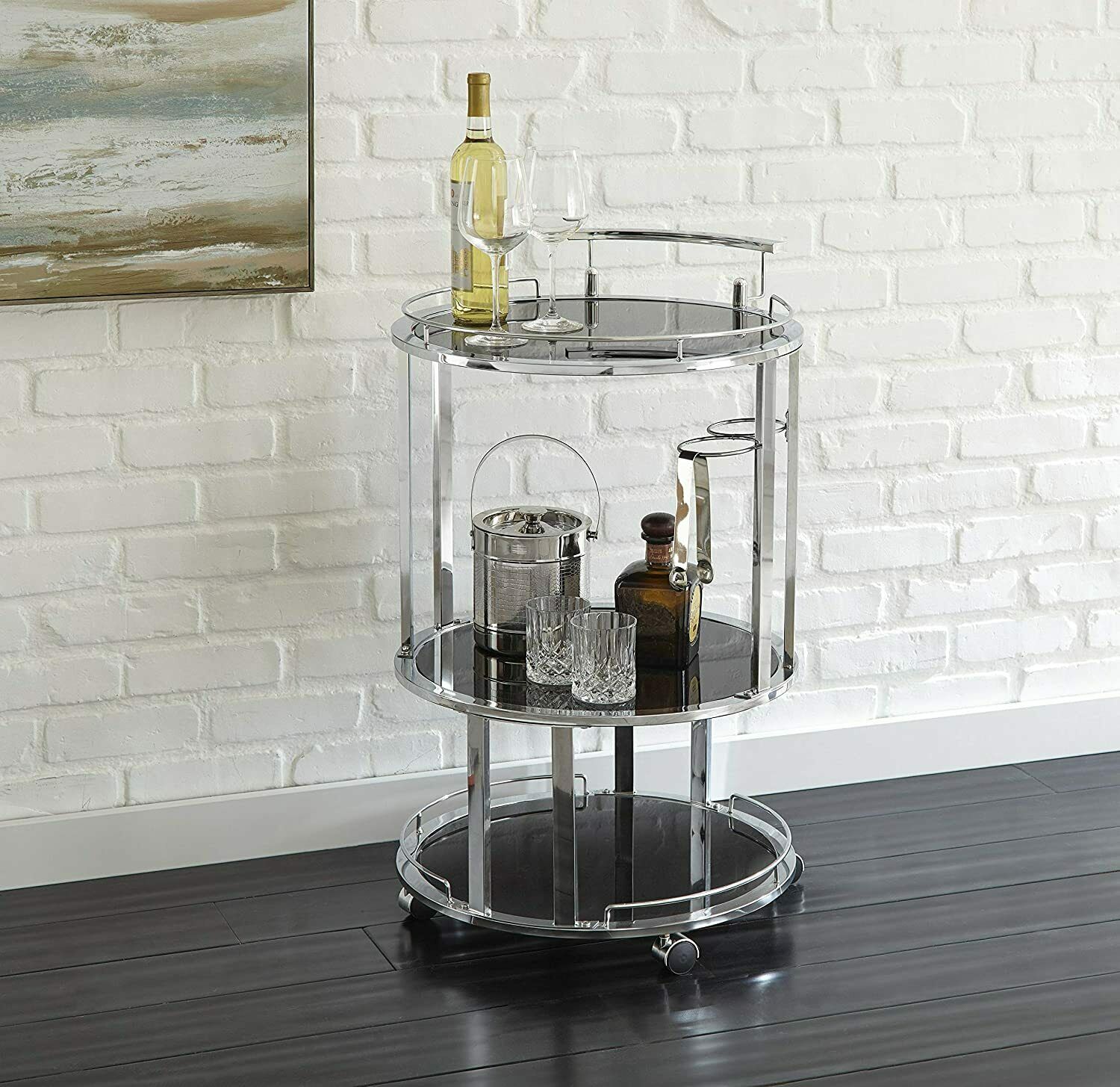 Otero Glass Bar Serving Recreation Gameroom Cart in Chrome and Black