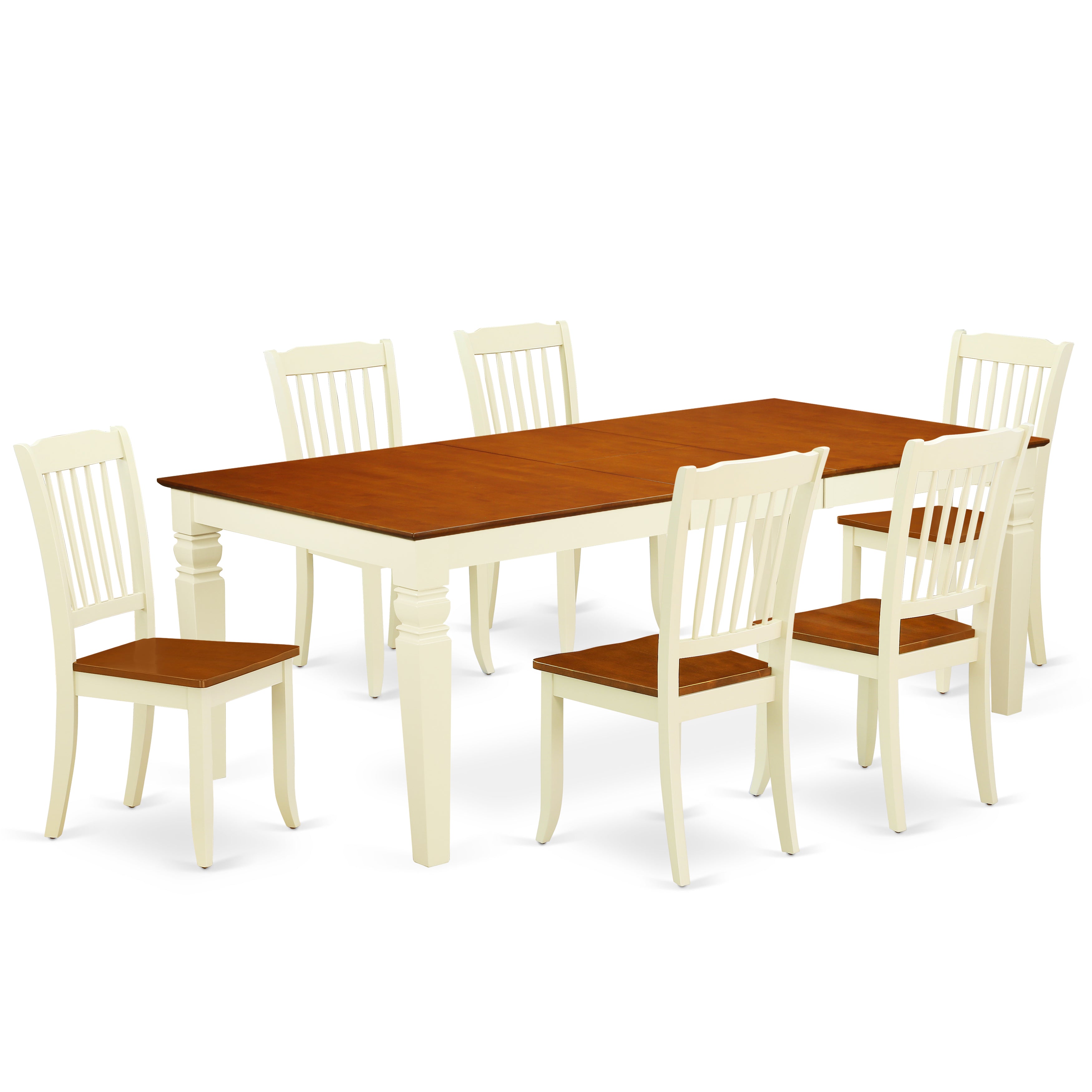 LGDA7-BMK-W 7PC Rectangular 66/84 inch Table with 18 In Leaf and 6 vertical slatted Chairs