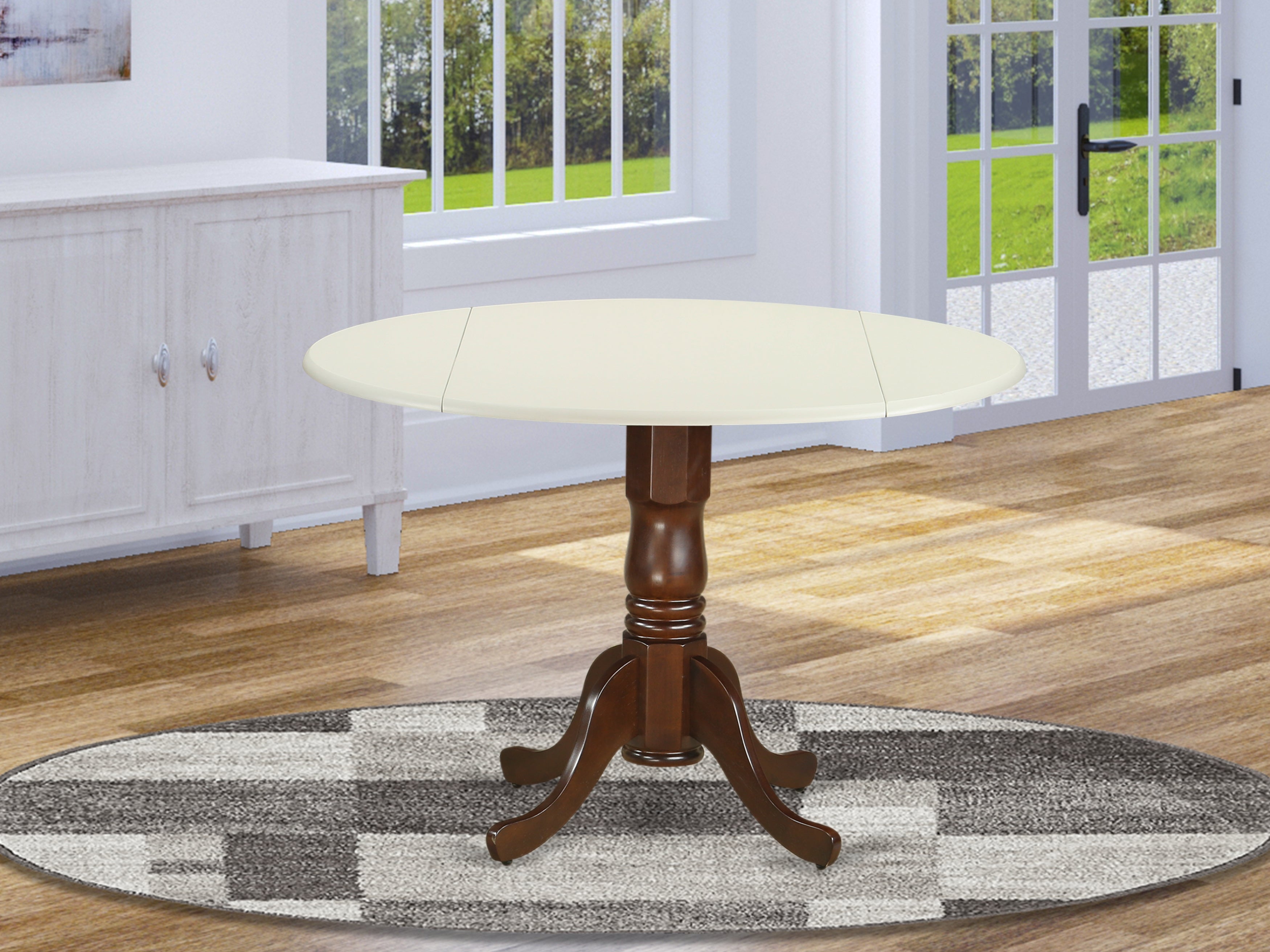 DLT-LMA-TP Dublin Round Table with two 9" Drop Leaves in Linen and Mahogany Finish