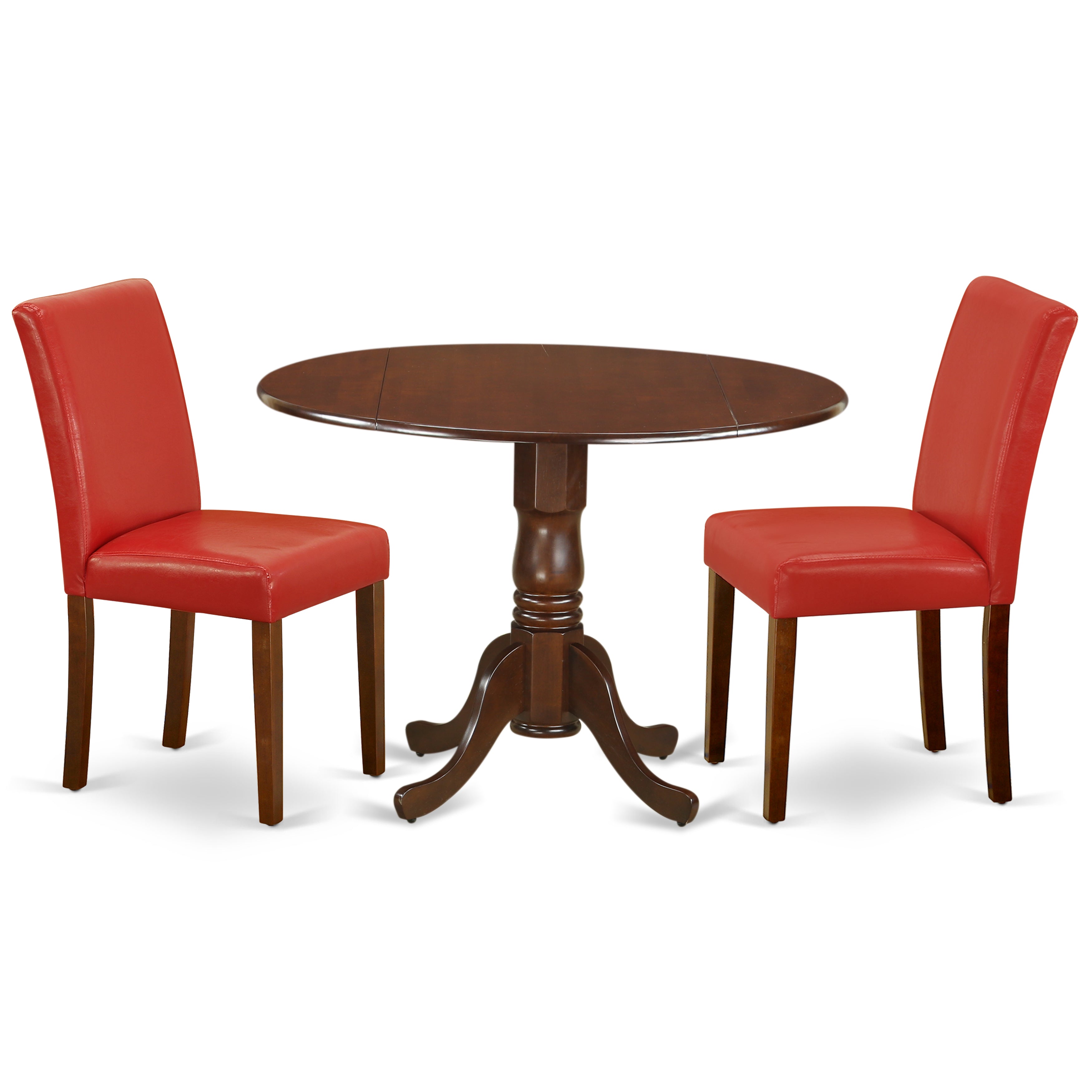 DLAB3-MAH-72 3Pc Round 42" Dining Room Table With Two 9-Inch Drop Leaves And 2 Parson Chair With Mahogany Leg And Pu Leather Color Firebrick Red