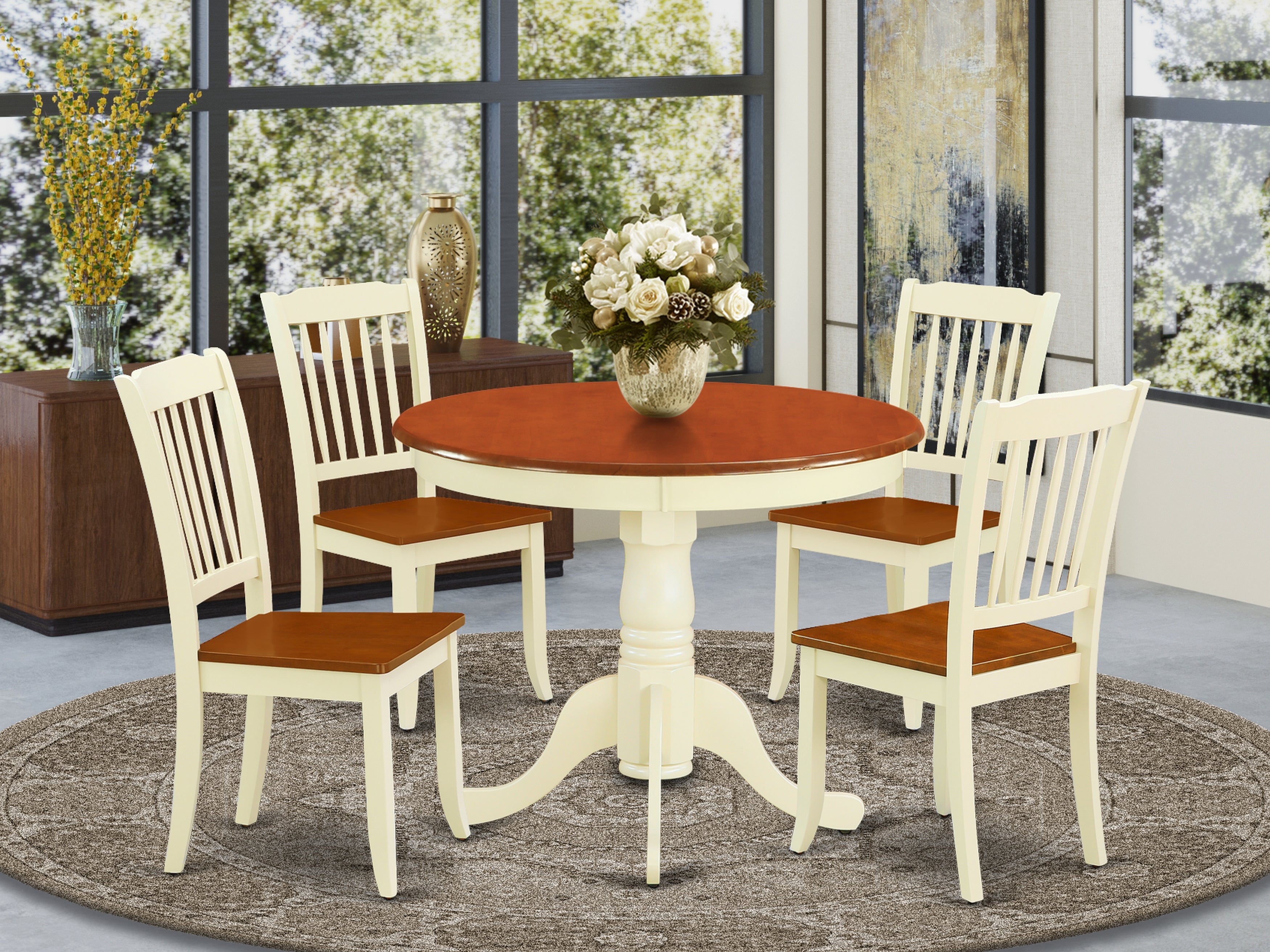 ANDA5-BMK-W 5PC Round 36 inch Table and 4 vertical slatted Chairs