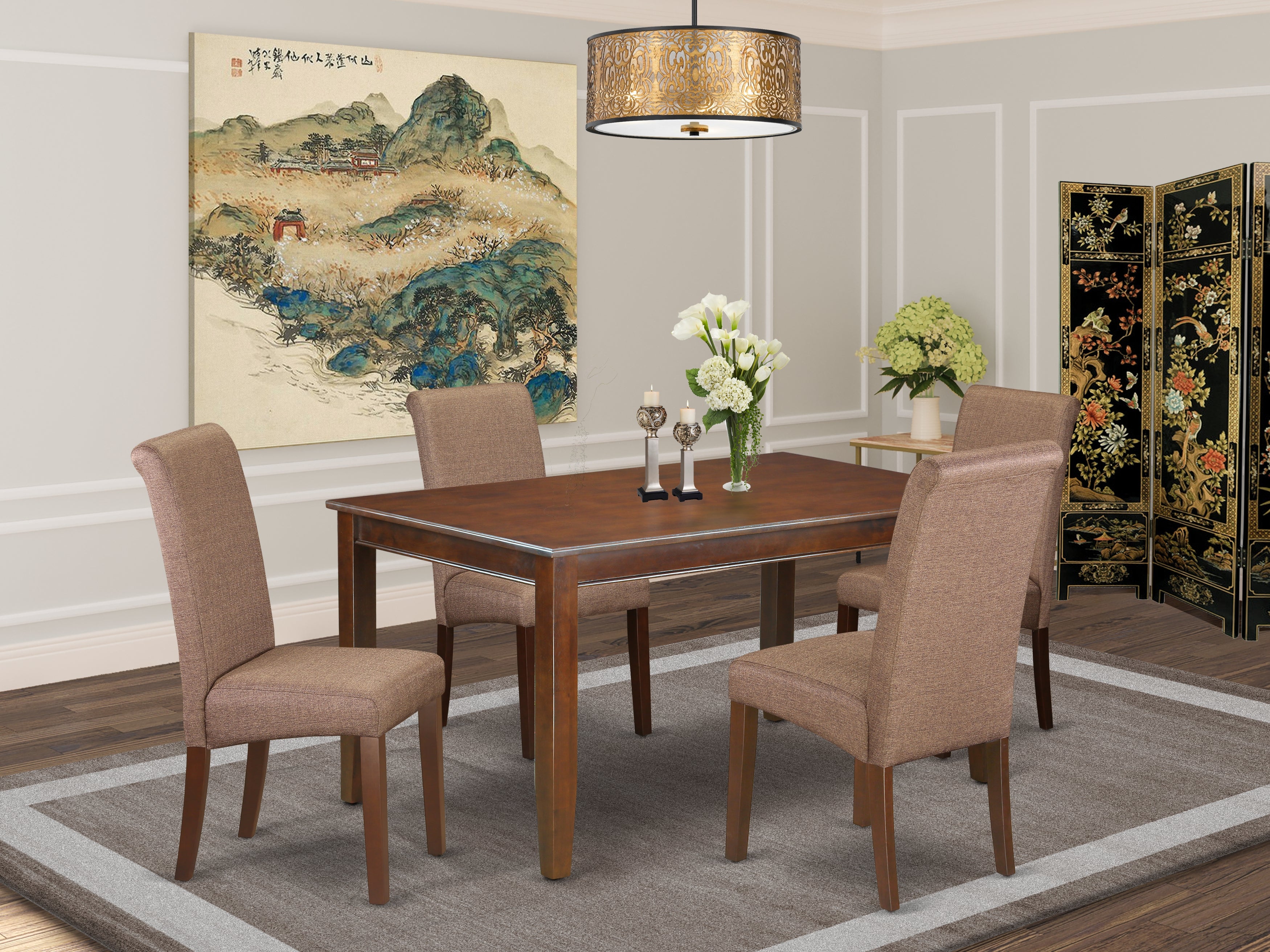 DUBA5-MAH-18 5Pc Kitchen table with linen brown fabric kitchen chairs with mahogany chair legs