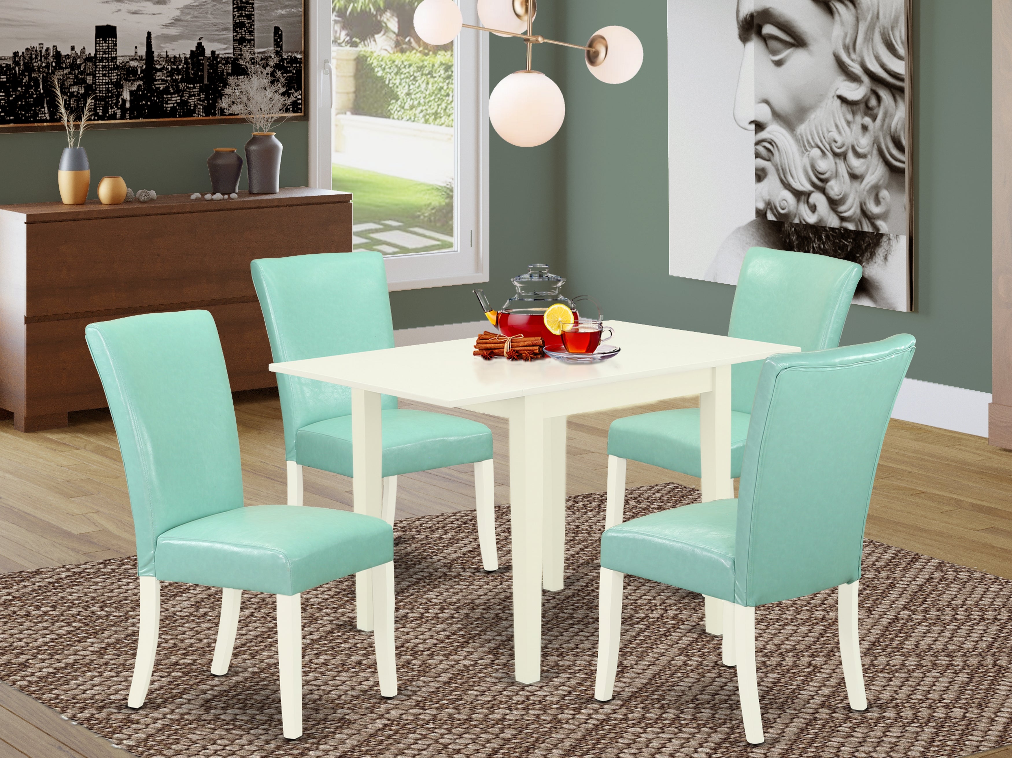 East West Furniture NDAL5-LWH-57 Wooden Dining Table Set 5 Pc - 4 Parson Dining Chairs and a dining Room Table - Linen White Finish Hardwood - Pond Color Pu Leather