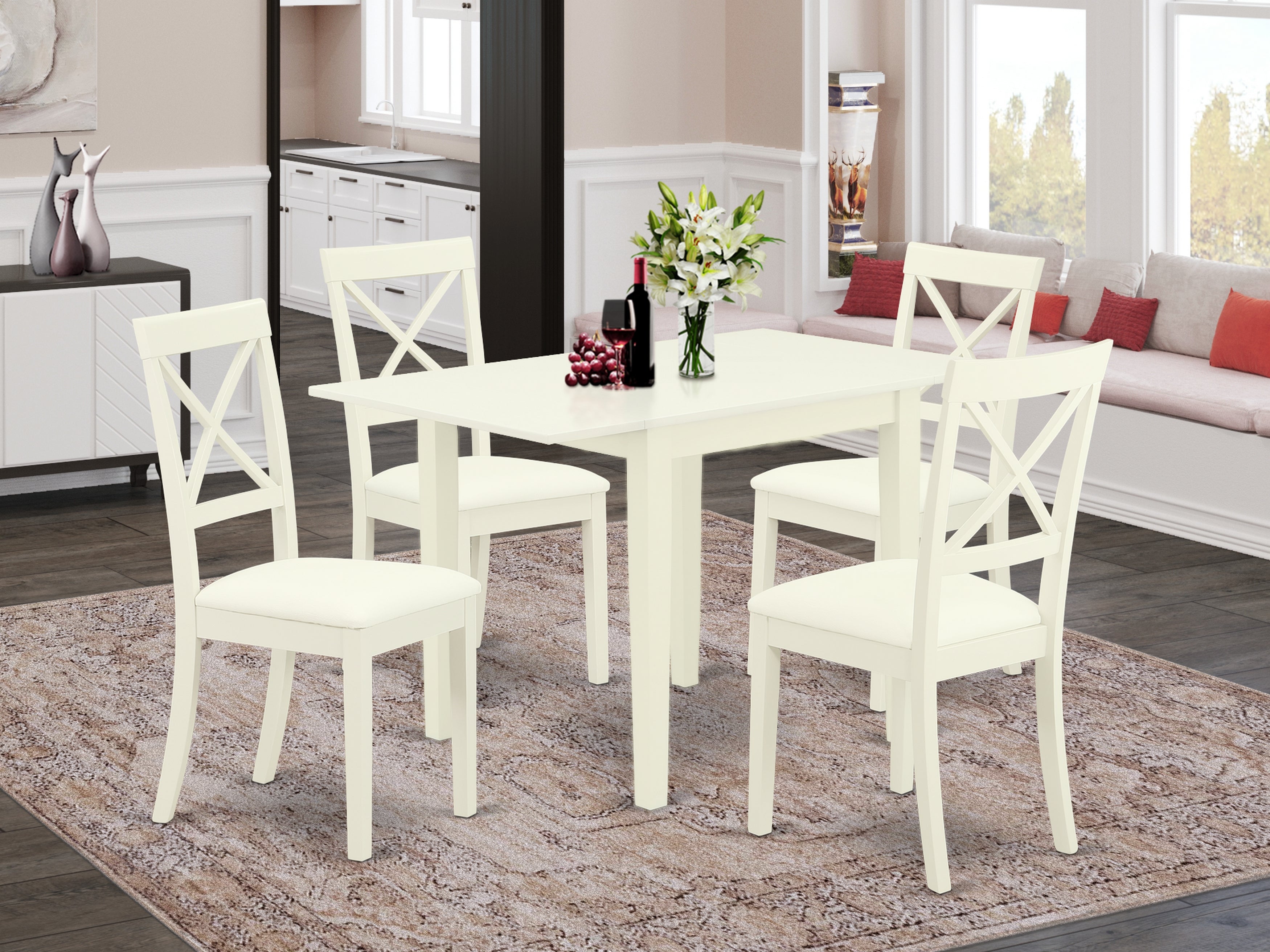 East West Furniture NDBO5-LWH-LC Dining Room Table Set 5 Piece - 4 Fantastic Wooden Dining Room Chairs - an Eye-catching Kitchen Table - Linen White Color Faux Leather - Linen White Finish Real wood Structure