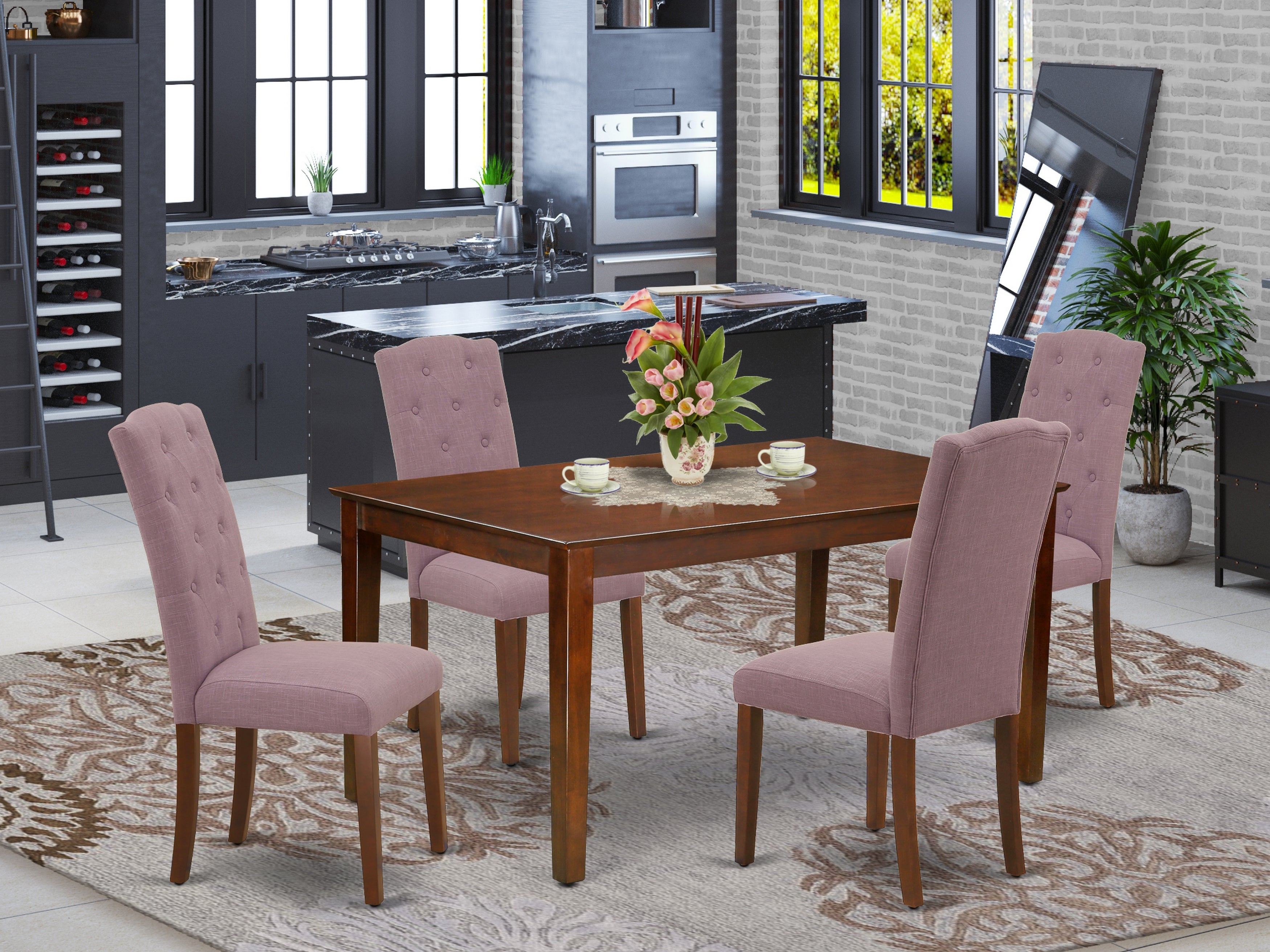 CACE5-MAH-10 5Pc Dining Set Includes a Rectangle Dinette Table and Four Parson Chairs with Dahlia Fabric, Mahogany Finish