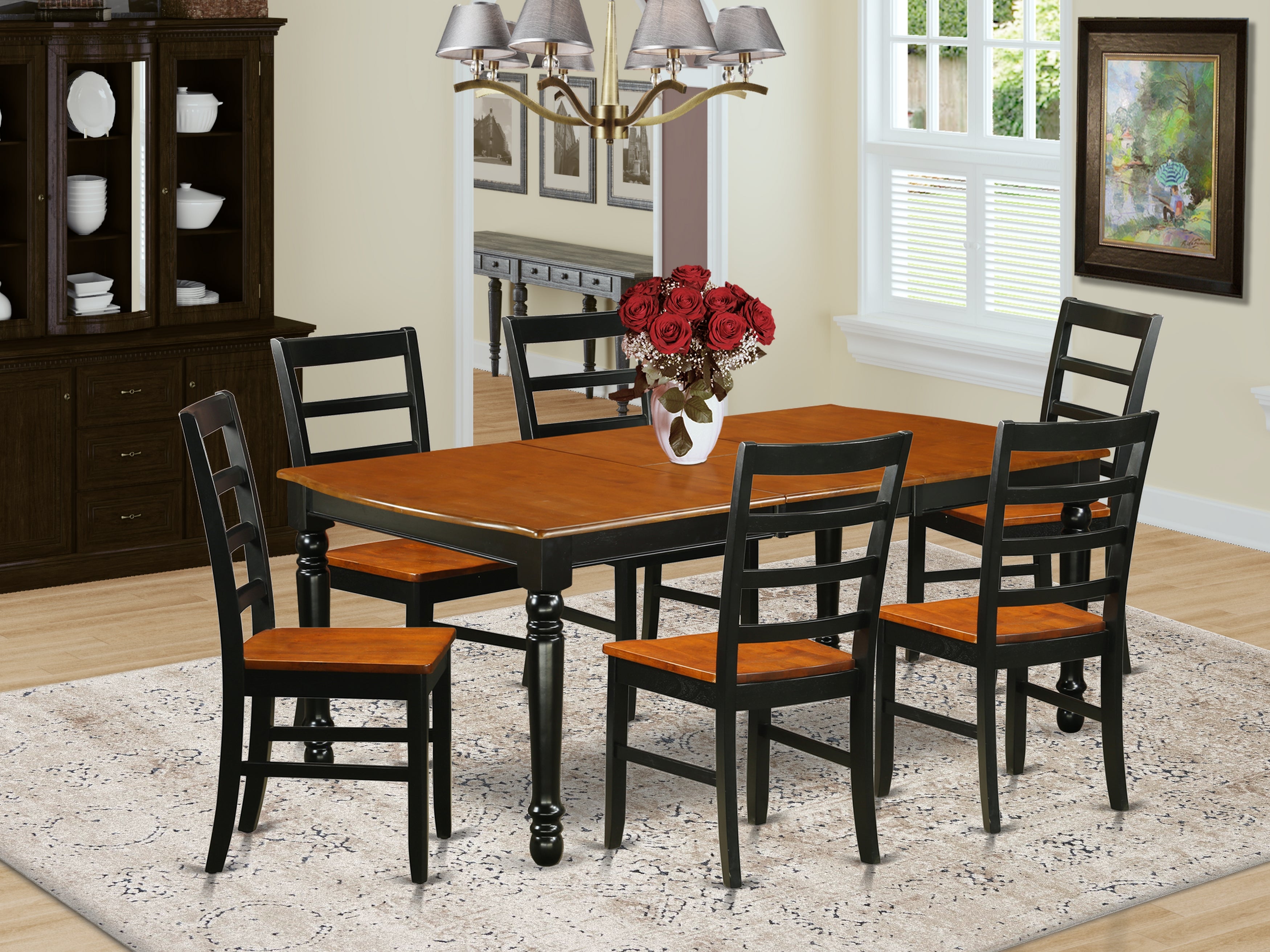 DOPF7-BCH-W 7-Piece table and chair set with one Dover dining room table and 6 dining room chairs in a Black and Cherry Finish
