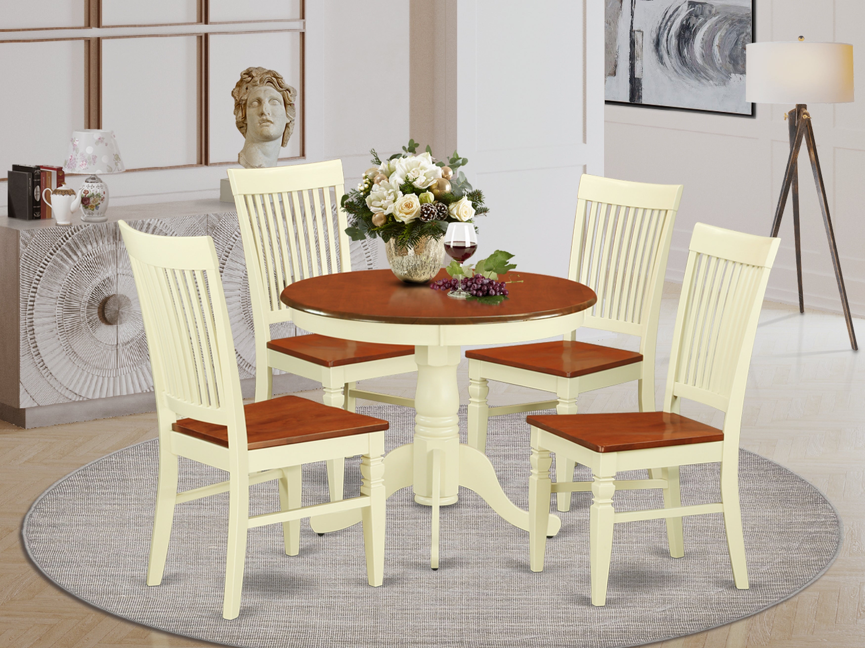 ANWE5-BMK-W 5 Pc Dining set with a Kitchen Table and 4 Wood Seat Kitchen Chairs in Buttermilk and Cherry