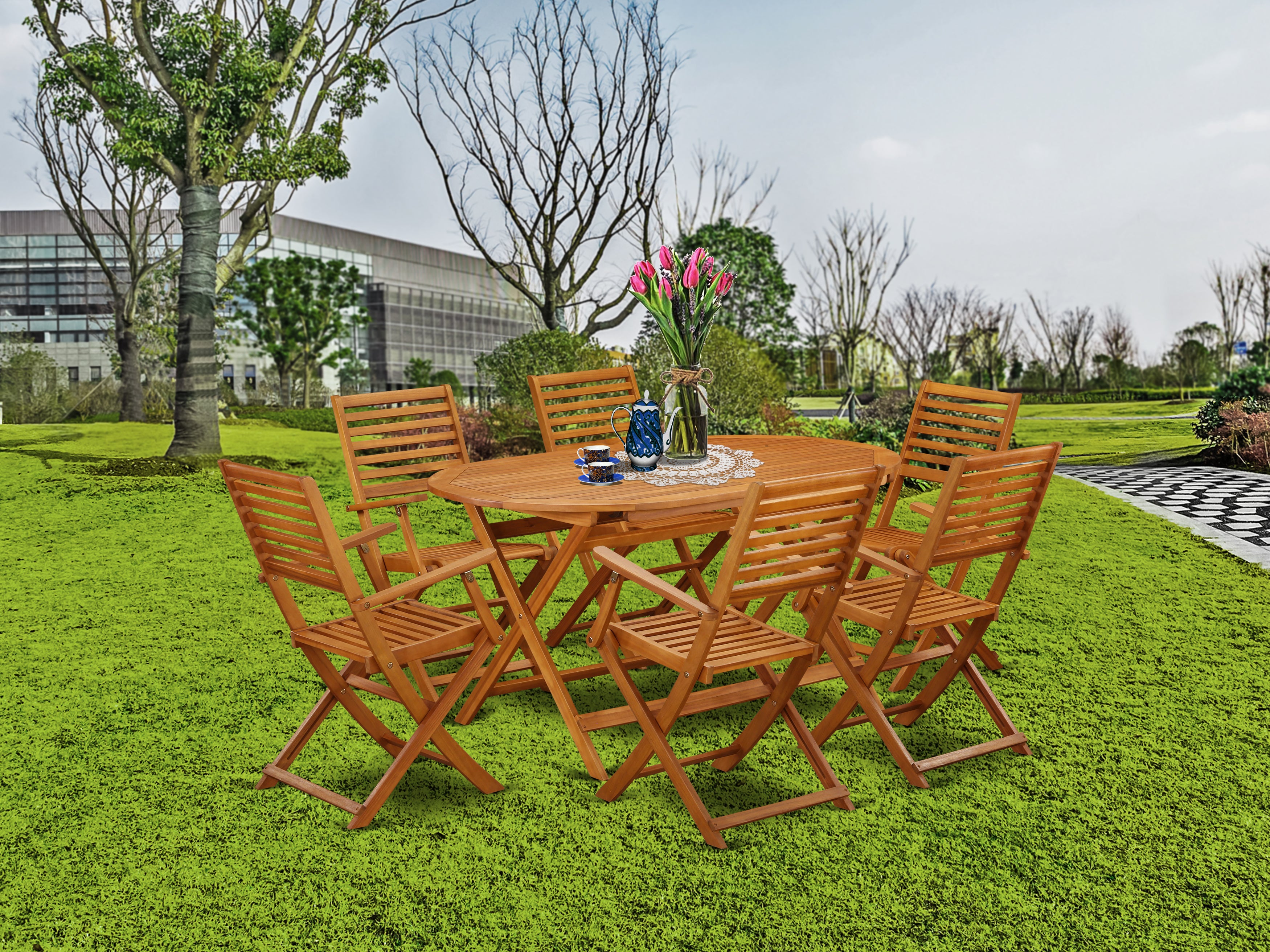 DIBS7CANA This 7 Pc Acacia Wood Outdoor-Furniture Dining Sets includes an Outdoor-Furniture table and 6 patio dining chairs