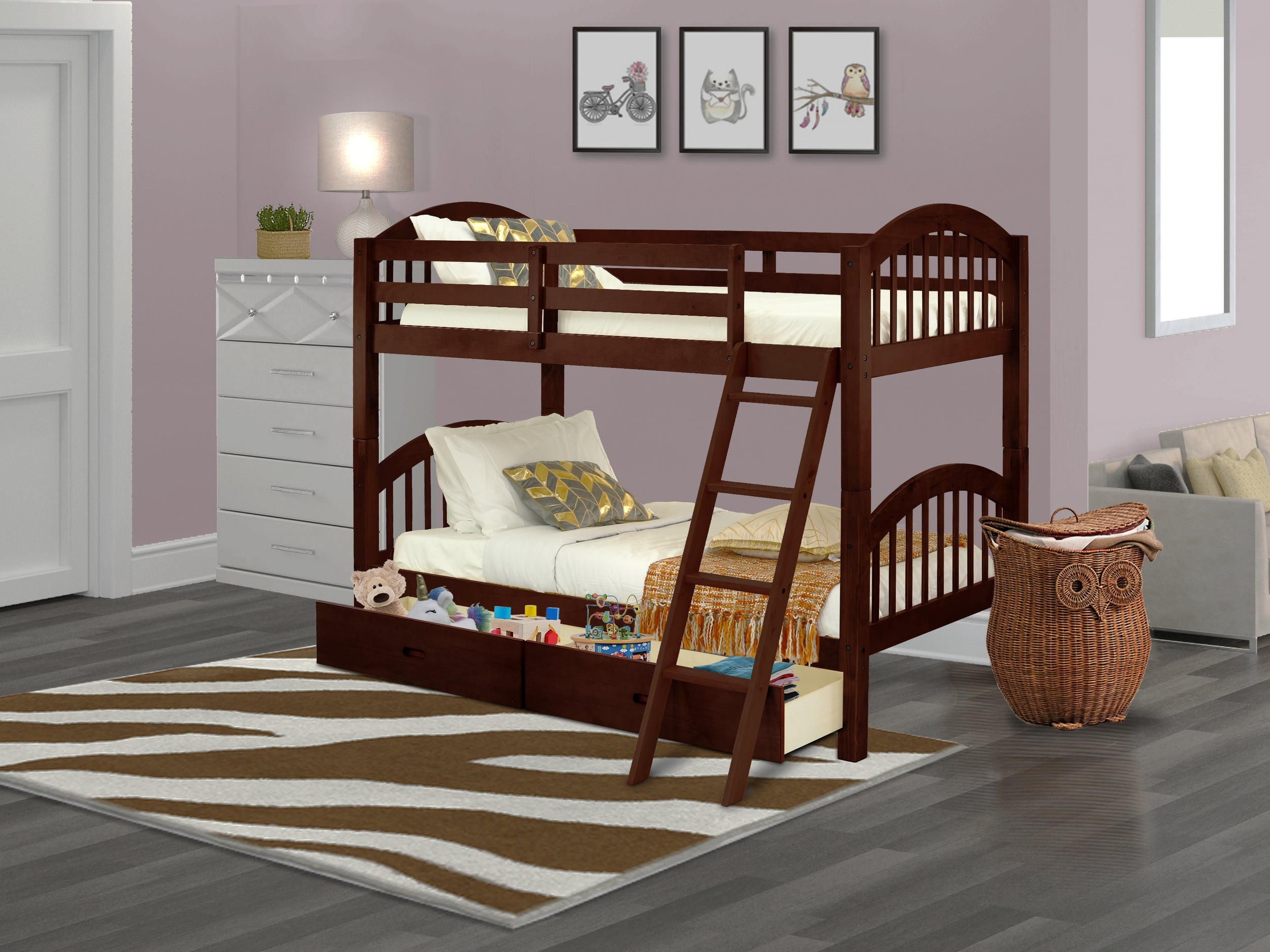 East West Furniture Verona Twin Bunk Bed in Java Finish with Under Drawer