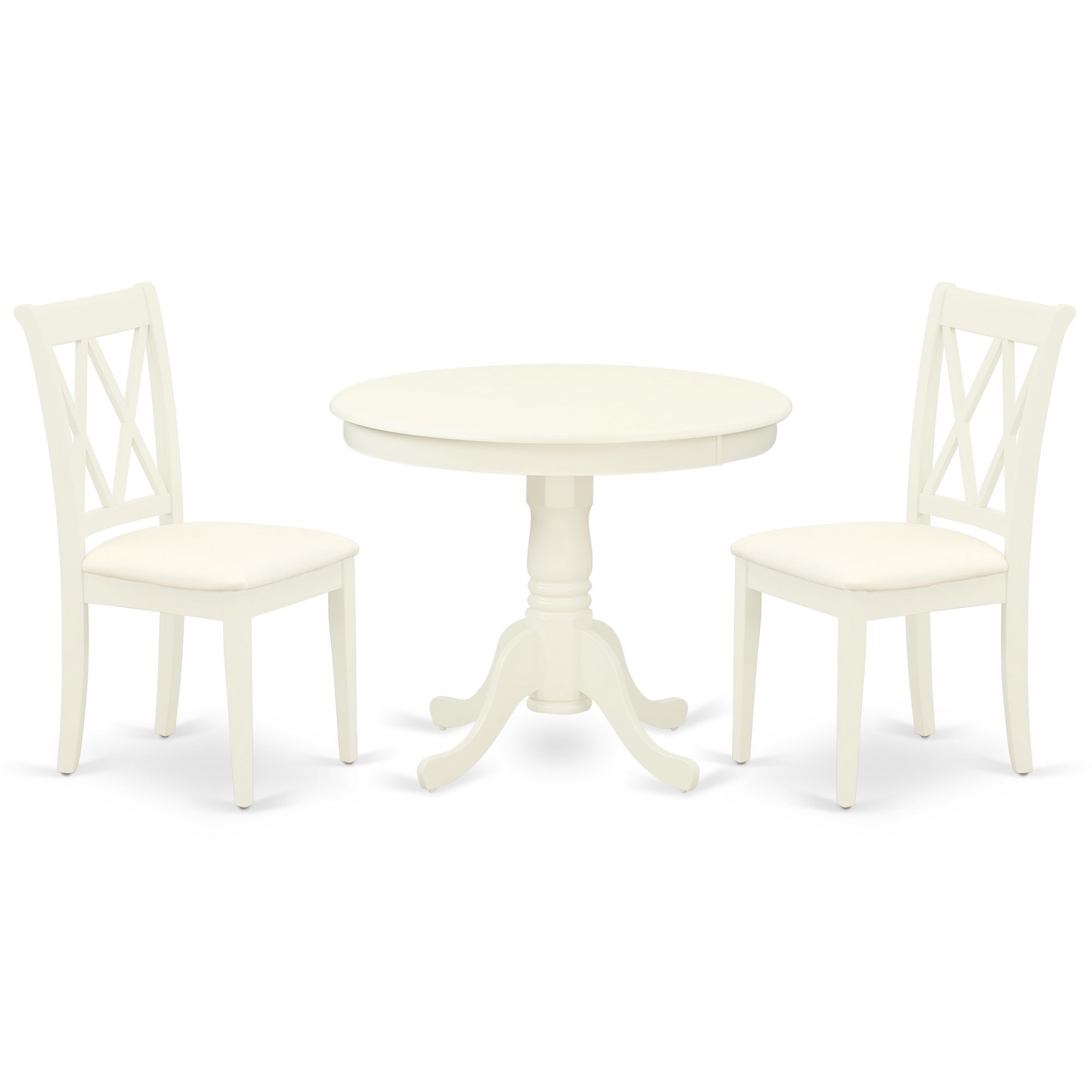 ANCL3-LWH-C 3Pc Dinette Set Includes a Rounded Kitchen Table and Two Double X Back Microfiber Seat Dining Chairs, Linen White Finish