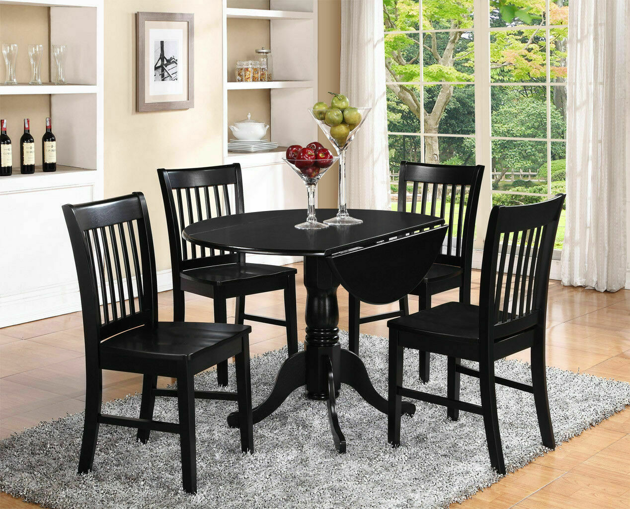 Dublin Black 5 Piece 42" Drop Leaf Dining Table Set with Wooden Seat Chairs