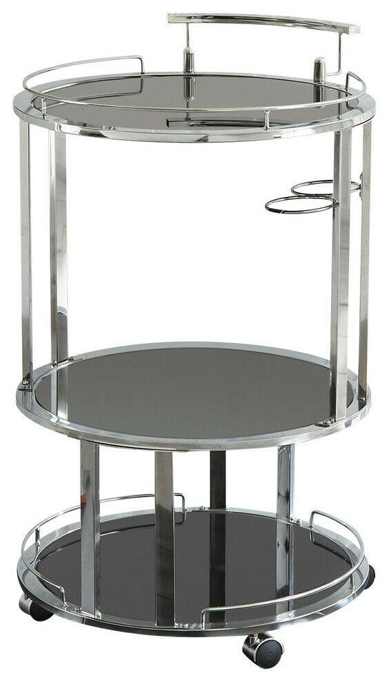 Otero Glass Bar Serving Recreation Gameroom Cart in Chrome and Black