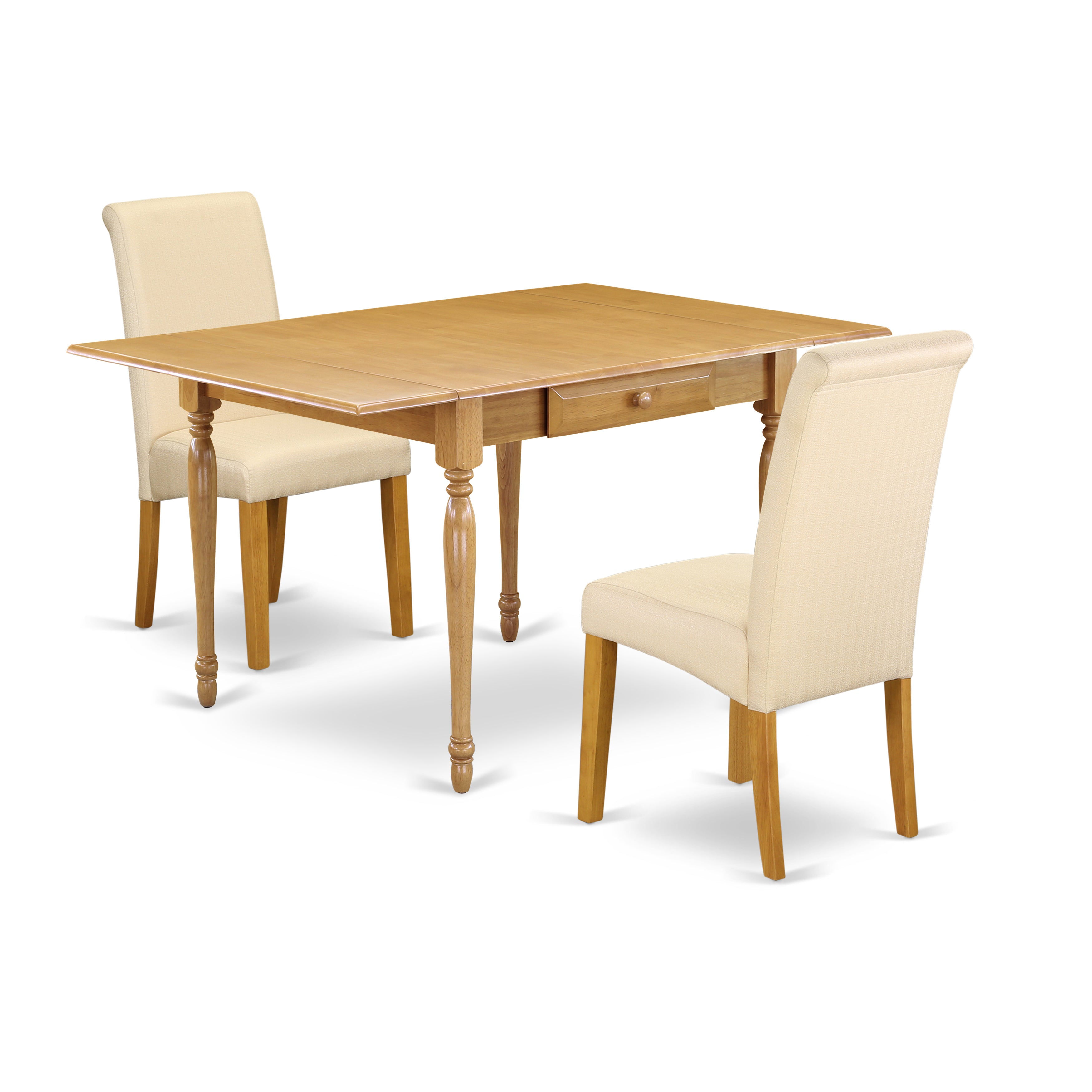 East West Furniture MZBA3-OAK-02 3Pc Dining Table Set for 2 Offers a Wood Table and 2 Parsons Chairs with Light Beige Color Linen Fabric, Drop Leaf Table with Full Back Chairs, Oak Finish