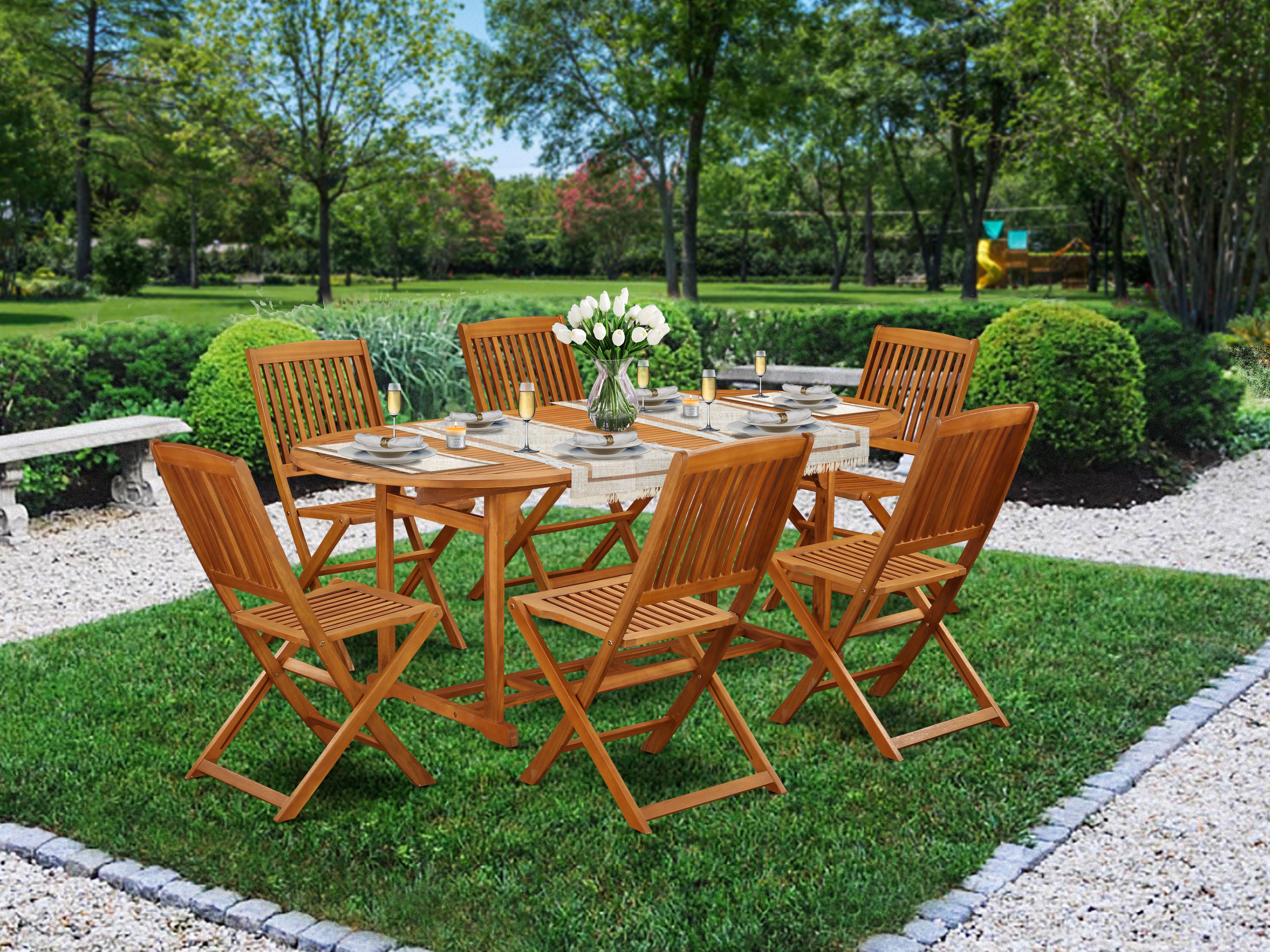 BSCM7CWNA This 7 Piece Acacia Balcony Dining Sets offers one Outdoor-Furniture table and 6 patio dining chairs