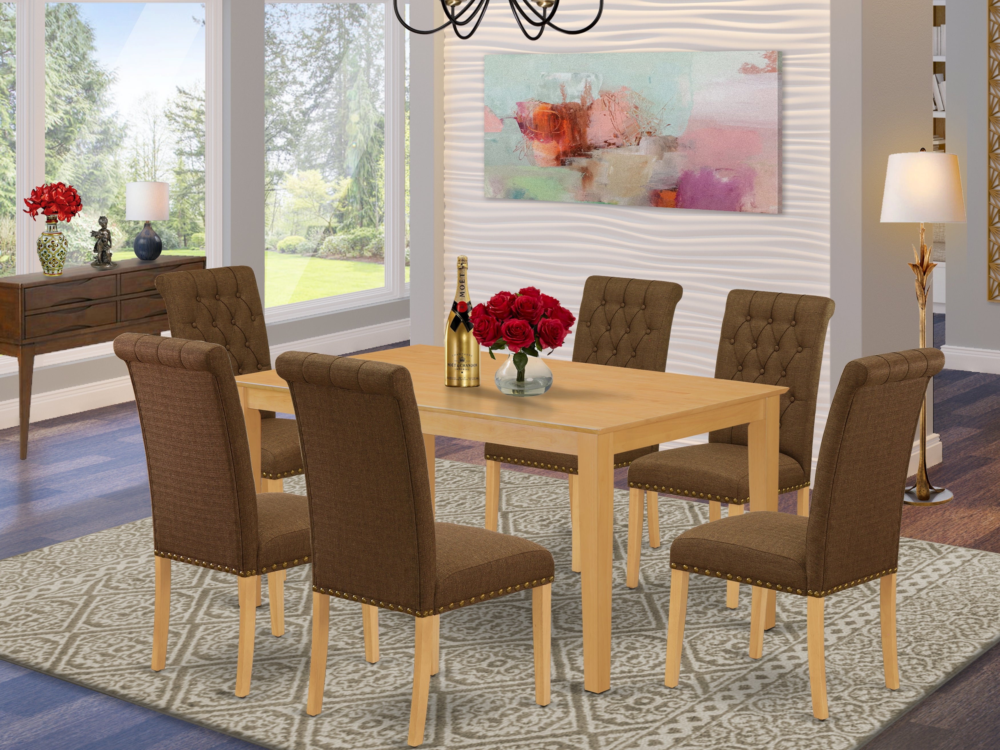 CABR7-OAK-18 7Pc Dinette Set Includes a Rectangular Kitchen Table and Six Parson Chairs with Dark Coffee Fabric, Oak Finish