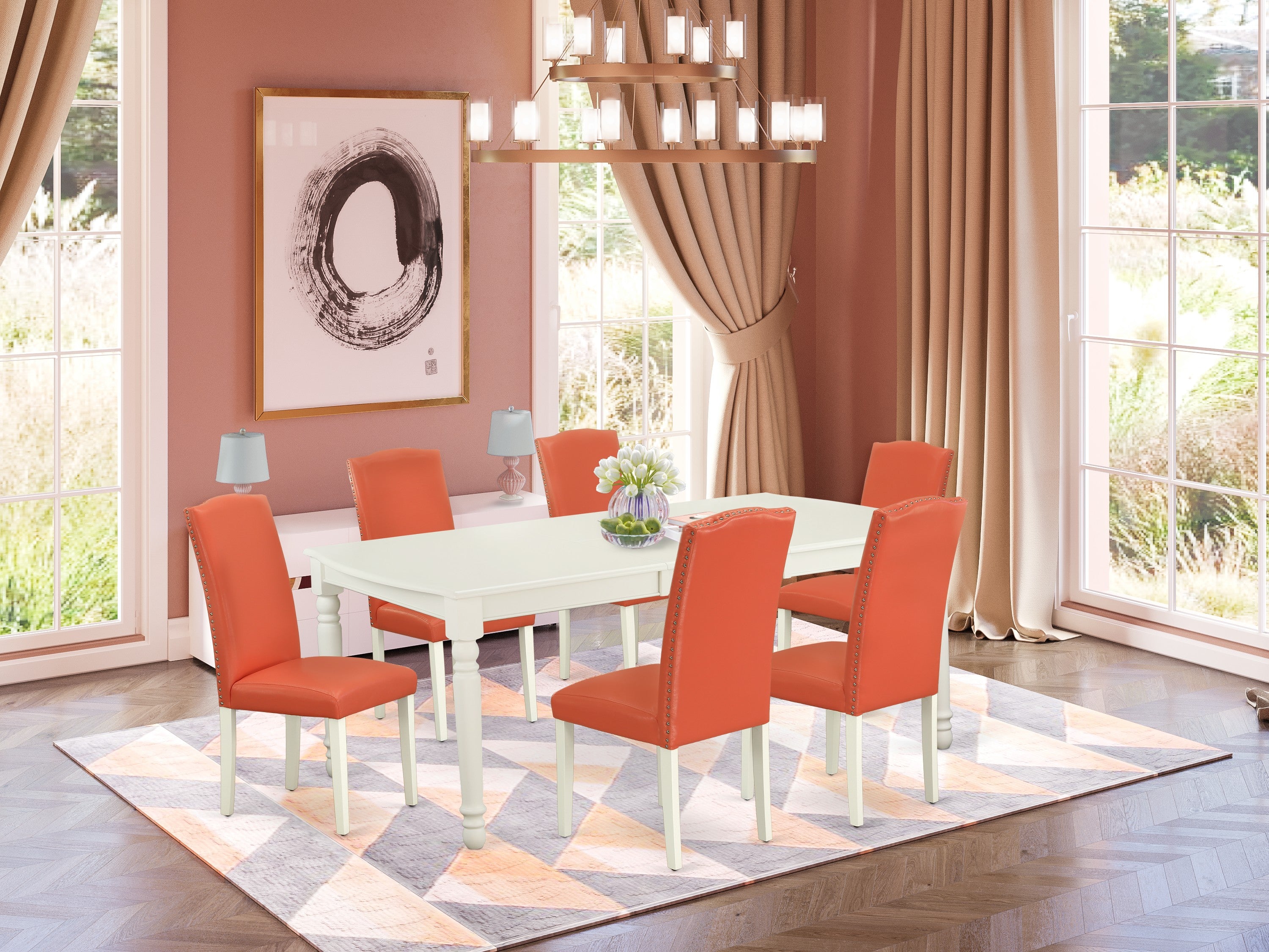 DOEN7-LWH-78 7Pc Rectangle 60/78 Inch Table With 18 In Leaf And 6 Parson Chair With Linen White Leg And Pu Leather Color Pink Flamingo