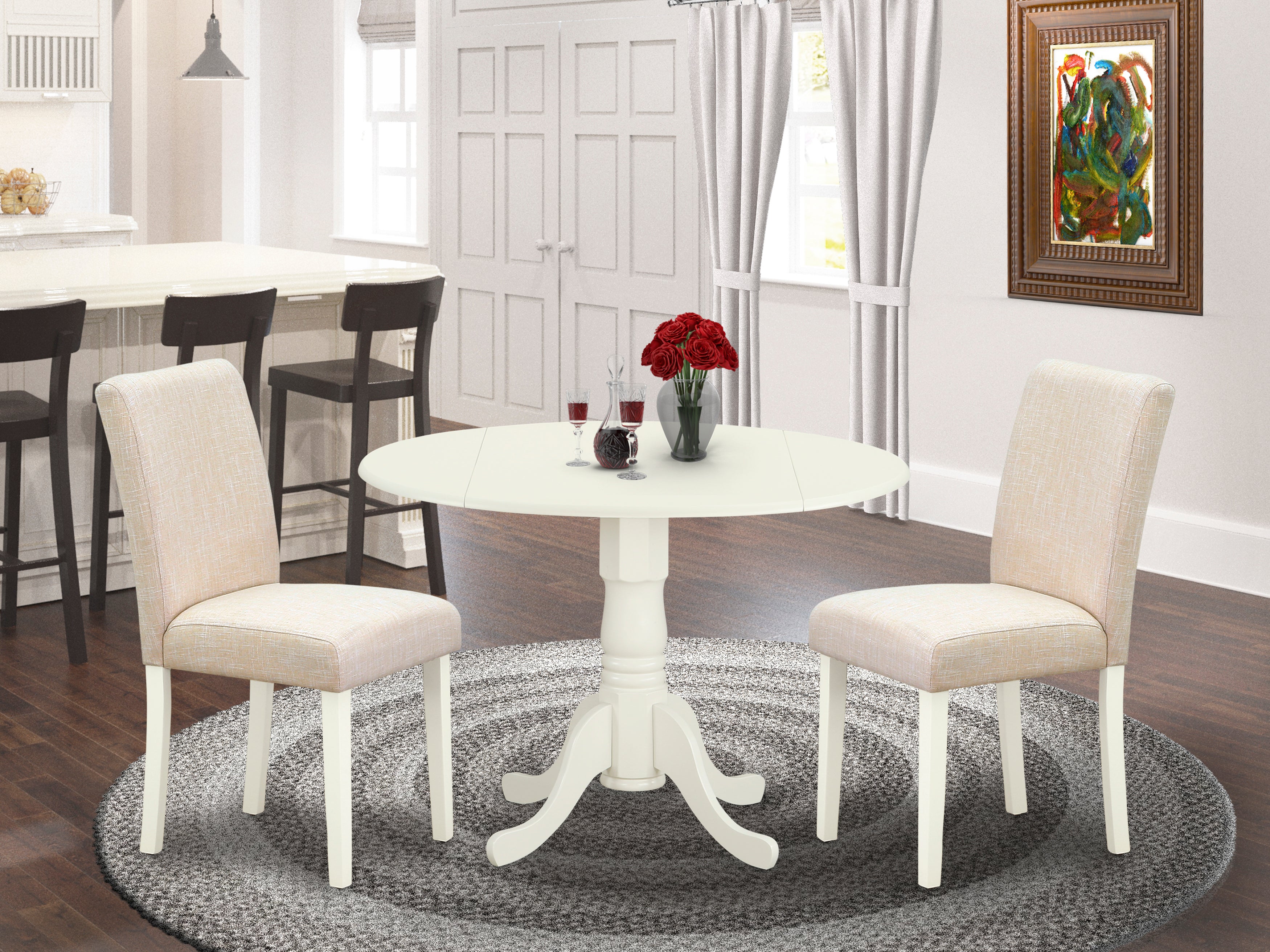 DLAB3-LWH-02 3Pc Round 42" Dining Room Table With Two 9-Inch Drop Leaves And 2 Parson Chair With Linen White Leg And Linen Fabric Light Beige