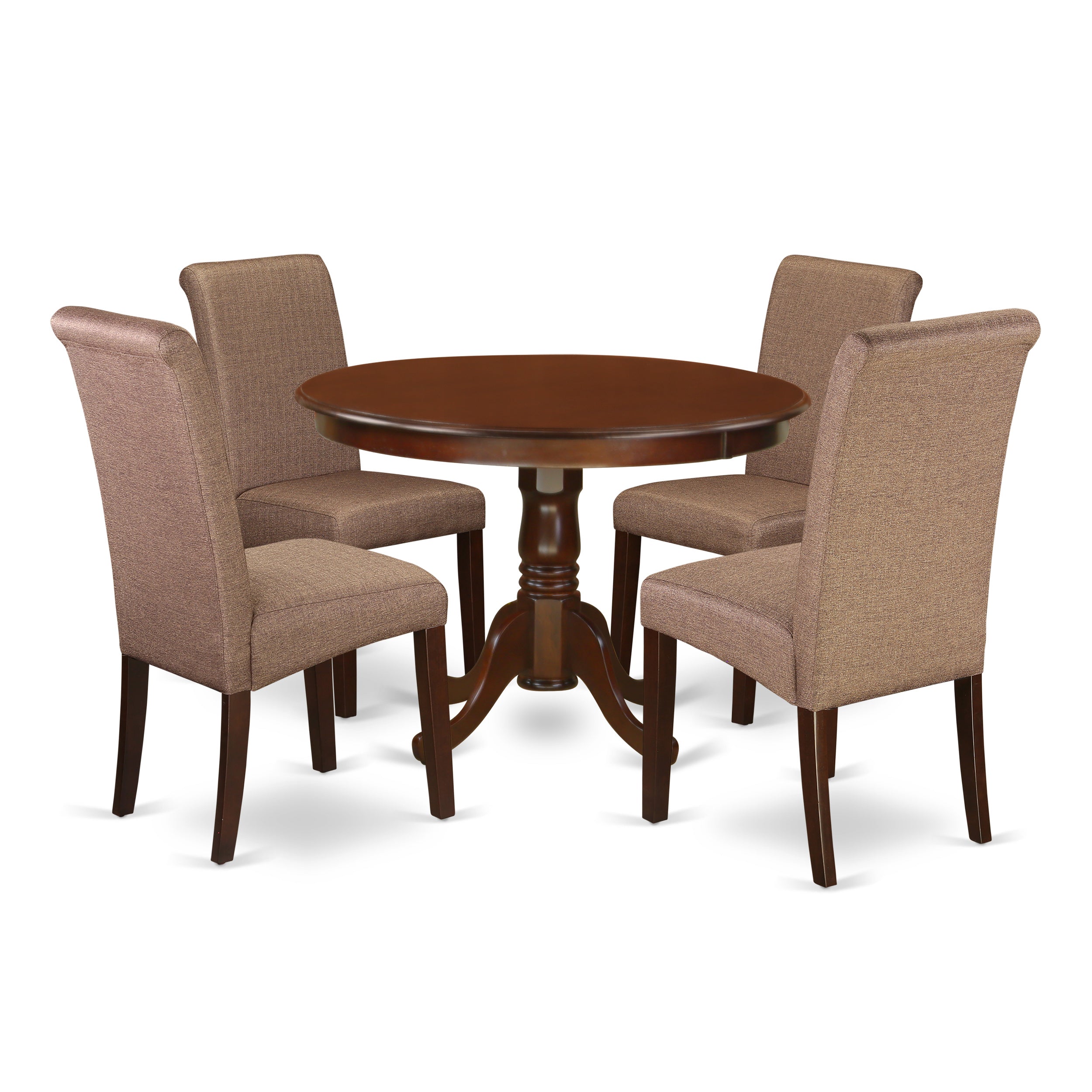 HLBA5-MAH-18 5Pc Small Round table with linen brown fabric Parson chairs with mahogany chair legs