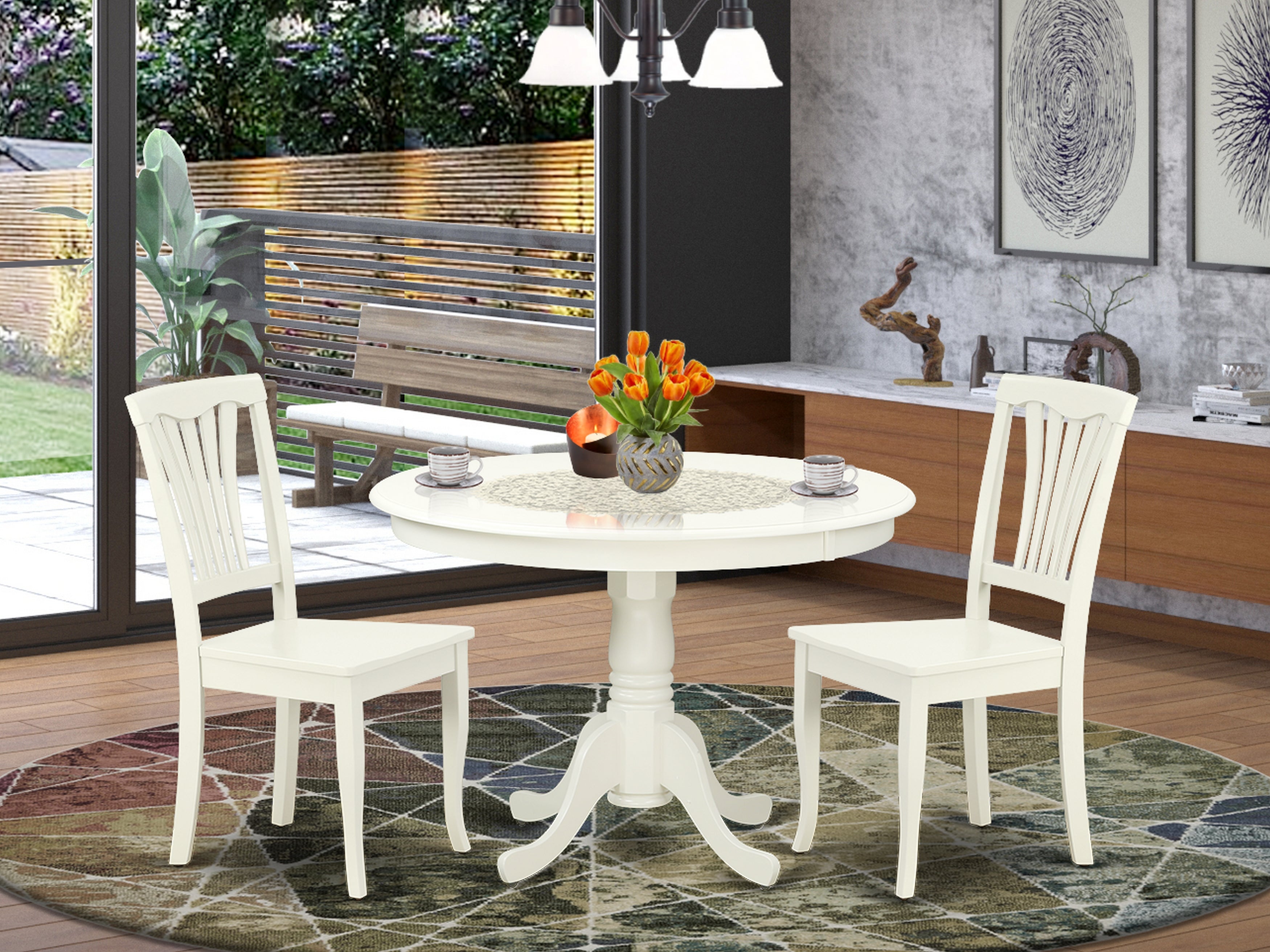 HLAV3-LWH-W 3PC Round 42 inch Table and 2 vertical slatted Chairs