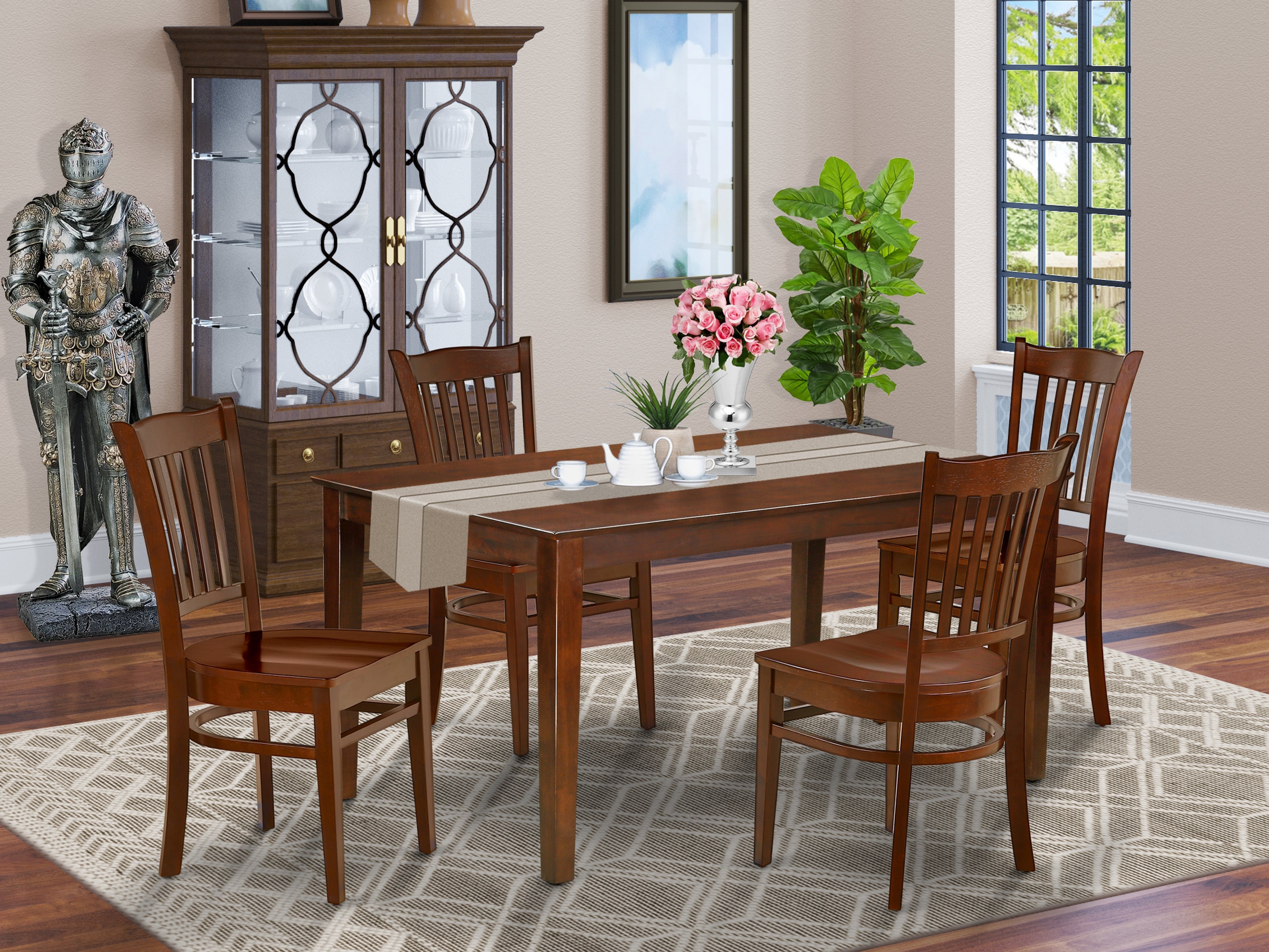 CAGR5-MAH-W 5Pc Rectangle 60 Inch Dining Table And 4 Wood Seat Kitchen Chairs