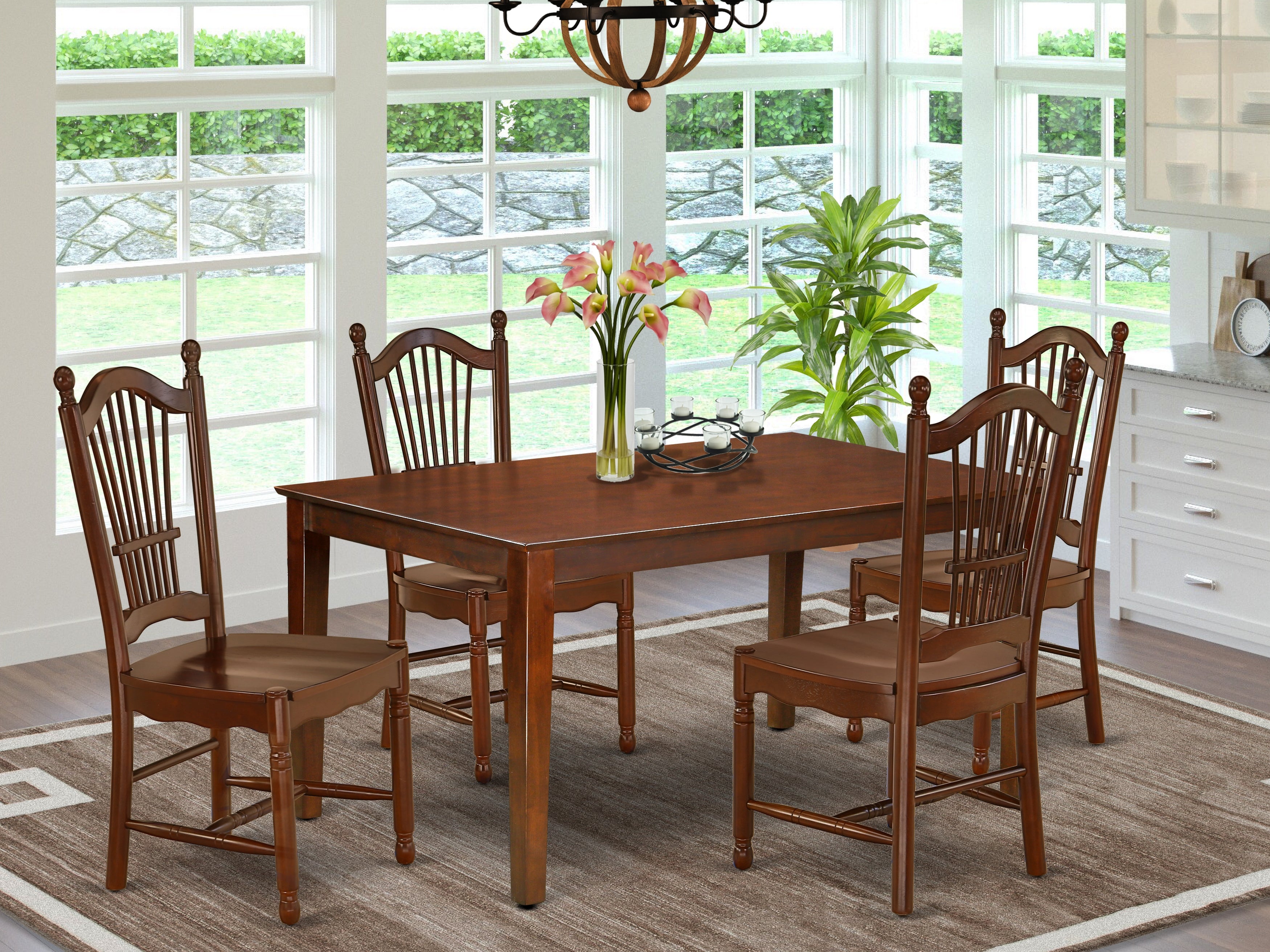 CADO5-MAH-W 5Pc Rectangular 60" Kitchen Table And Four Wood Seat Chairs