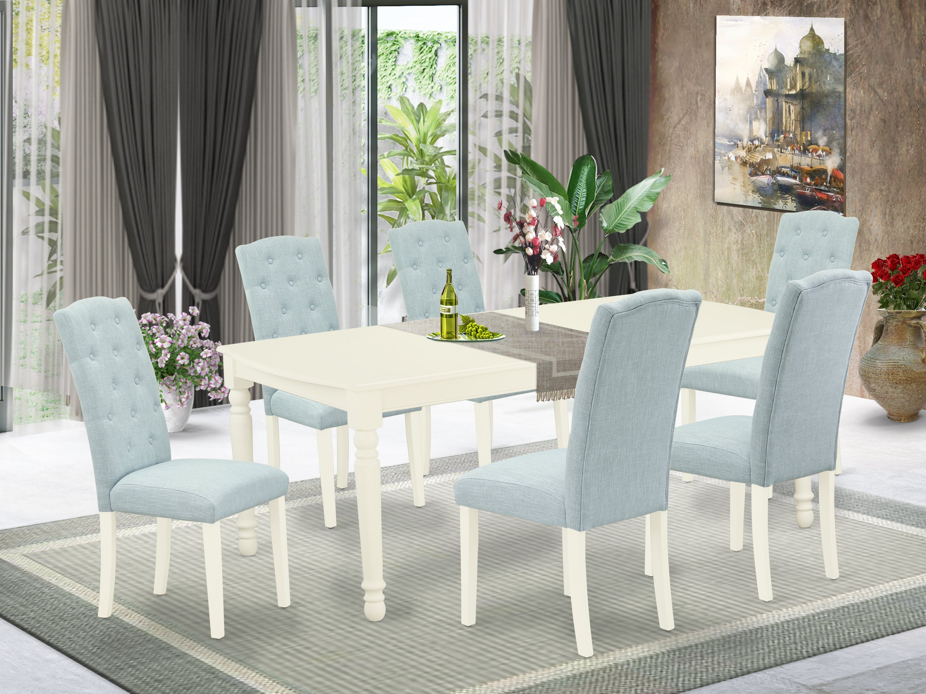DOCE7-LWH-15 7Pc Dinette Set Includes a Rectangular Kitchen Table with Butterfly Leaf and Six Parson Chairs with Baby Blue Fabric, Linen White Finish