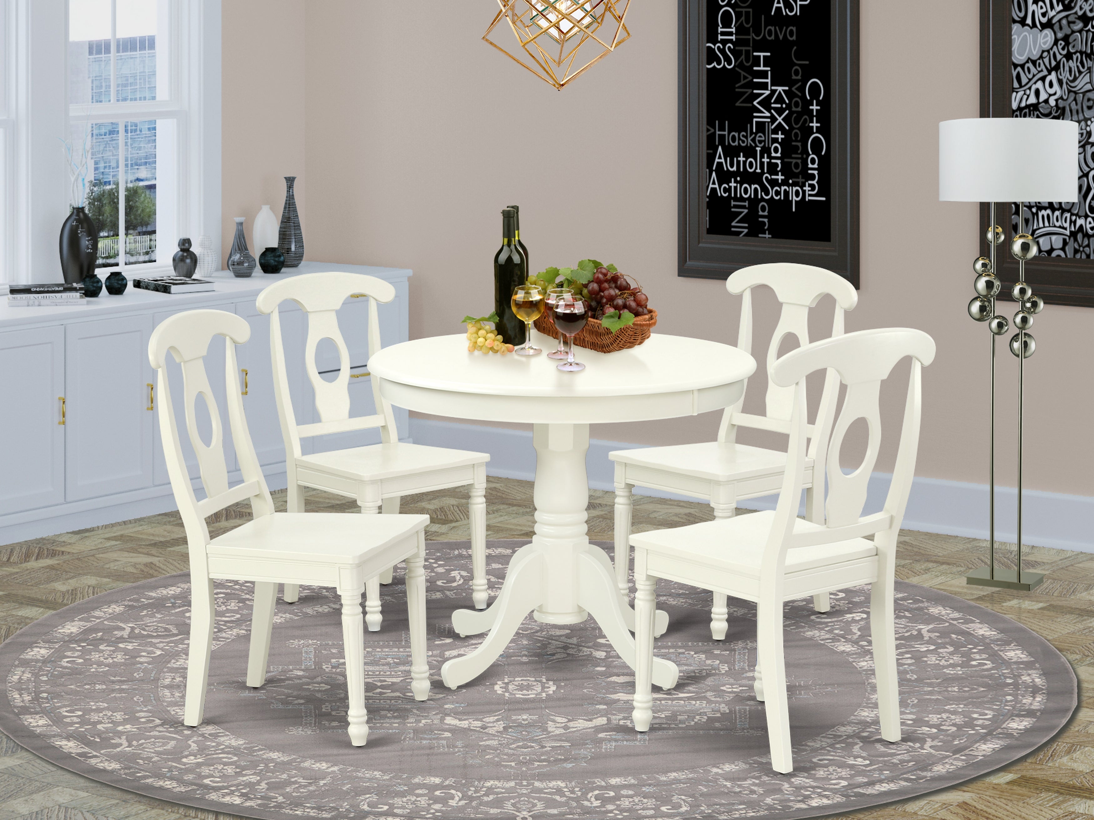 ANKE5-LWH-W 5PC Round 36 inch Table and 4 Panel Back Chairs