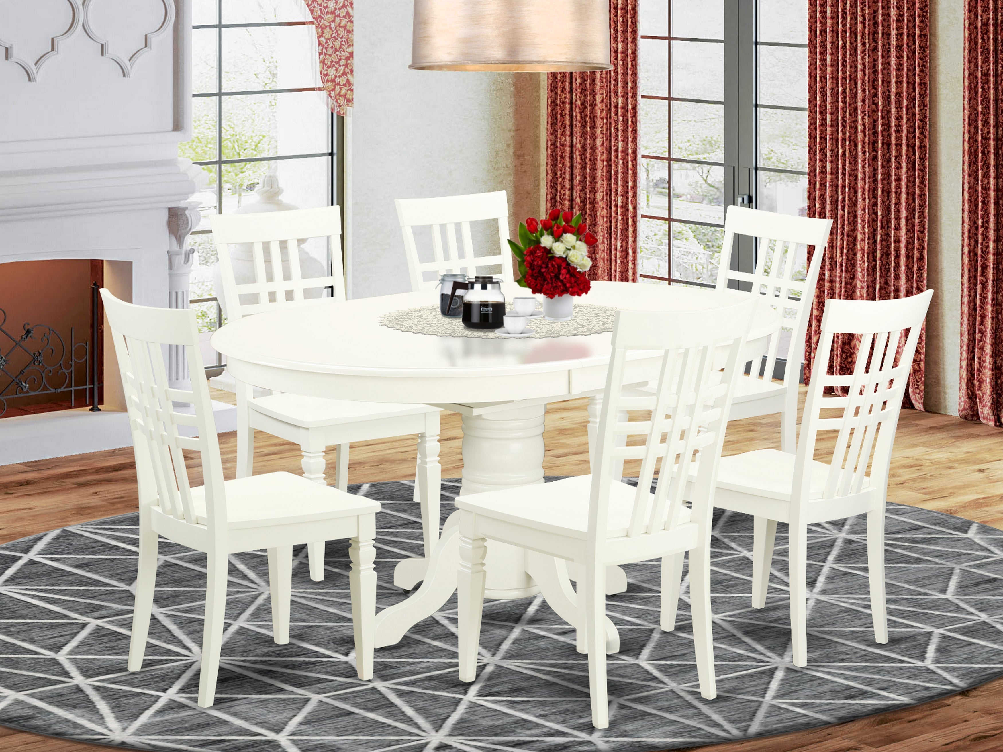 AVLG7-LWH-W 7 Pc Dining set with a Kitchen Table and 6 Wood Seat Kitchen Chairs in Linen White