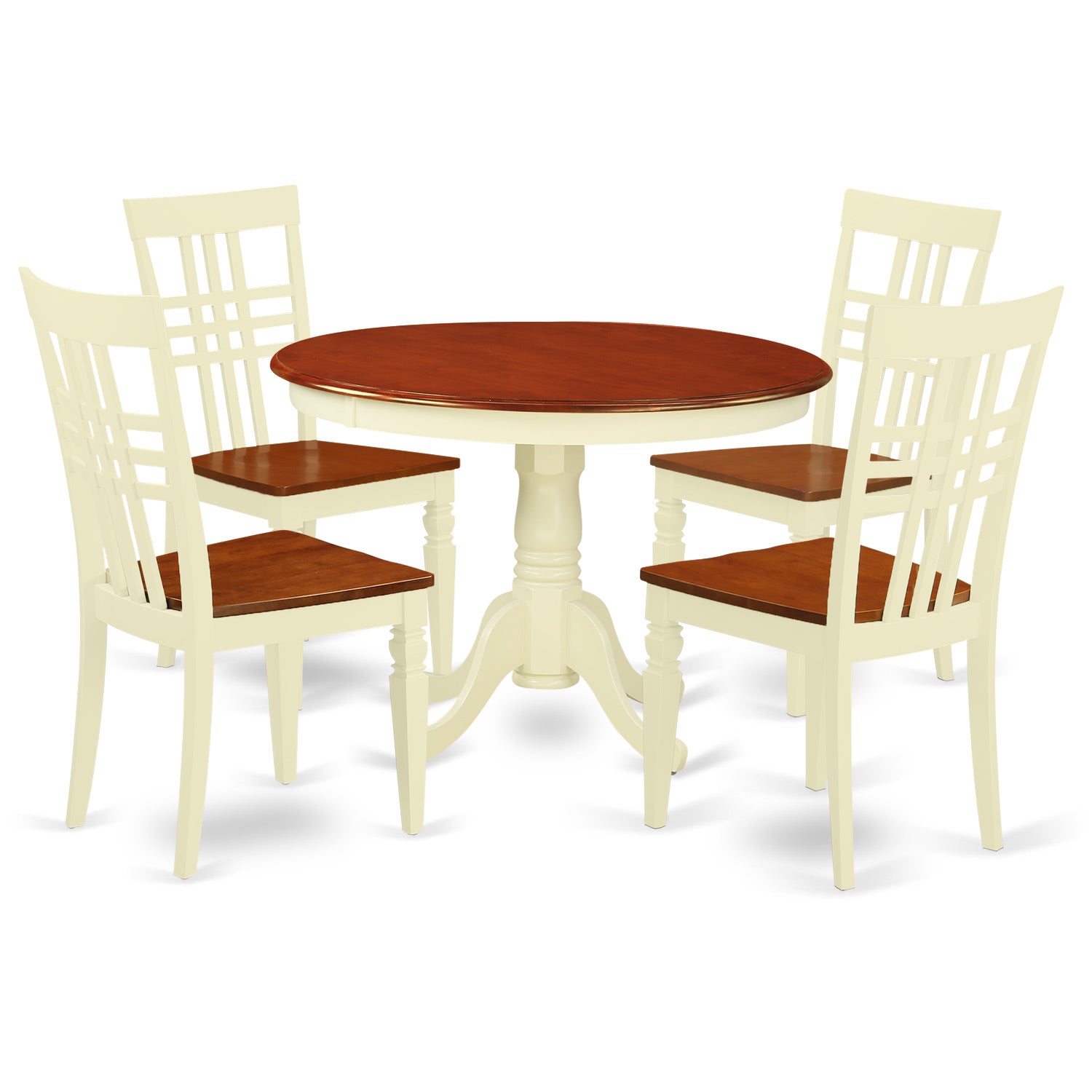 HLLG5-BMK-W 5 Pc set with a Round Kitchen Table and 4 Leather Kitchen Chairs in Buttermilk and Cherry .