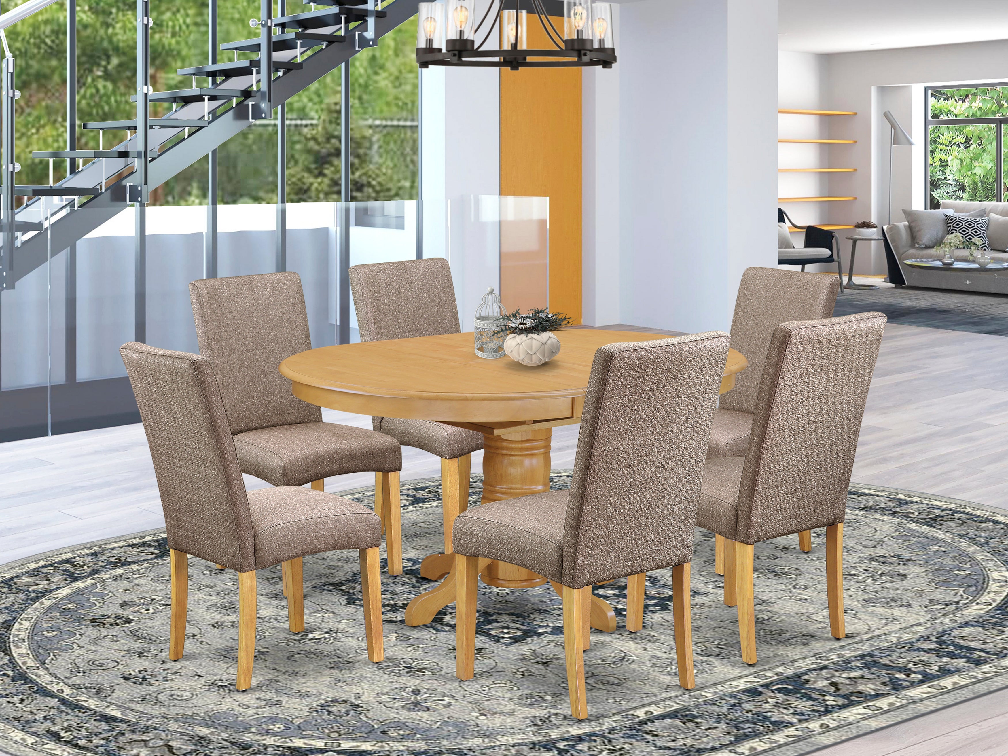 AVDR7-OAK-16 7Pc Oval 42/60" Dinette Table With 18 In Butterfly Leaf And 6 Parson Chair With Oak Finish Leg And Linen Fabric- Dark Khaki Color