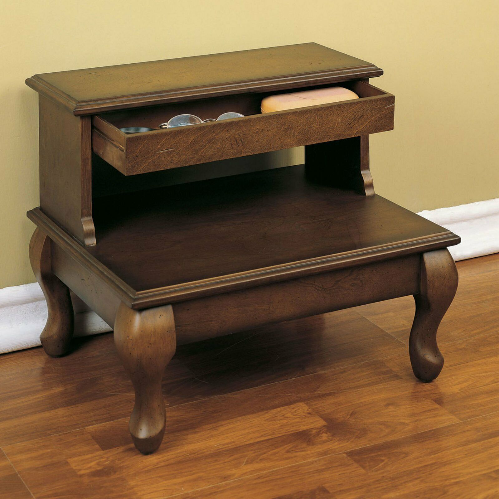 Powell Bed Steps Stool with Drawer, "Attic Cherry"