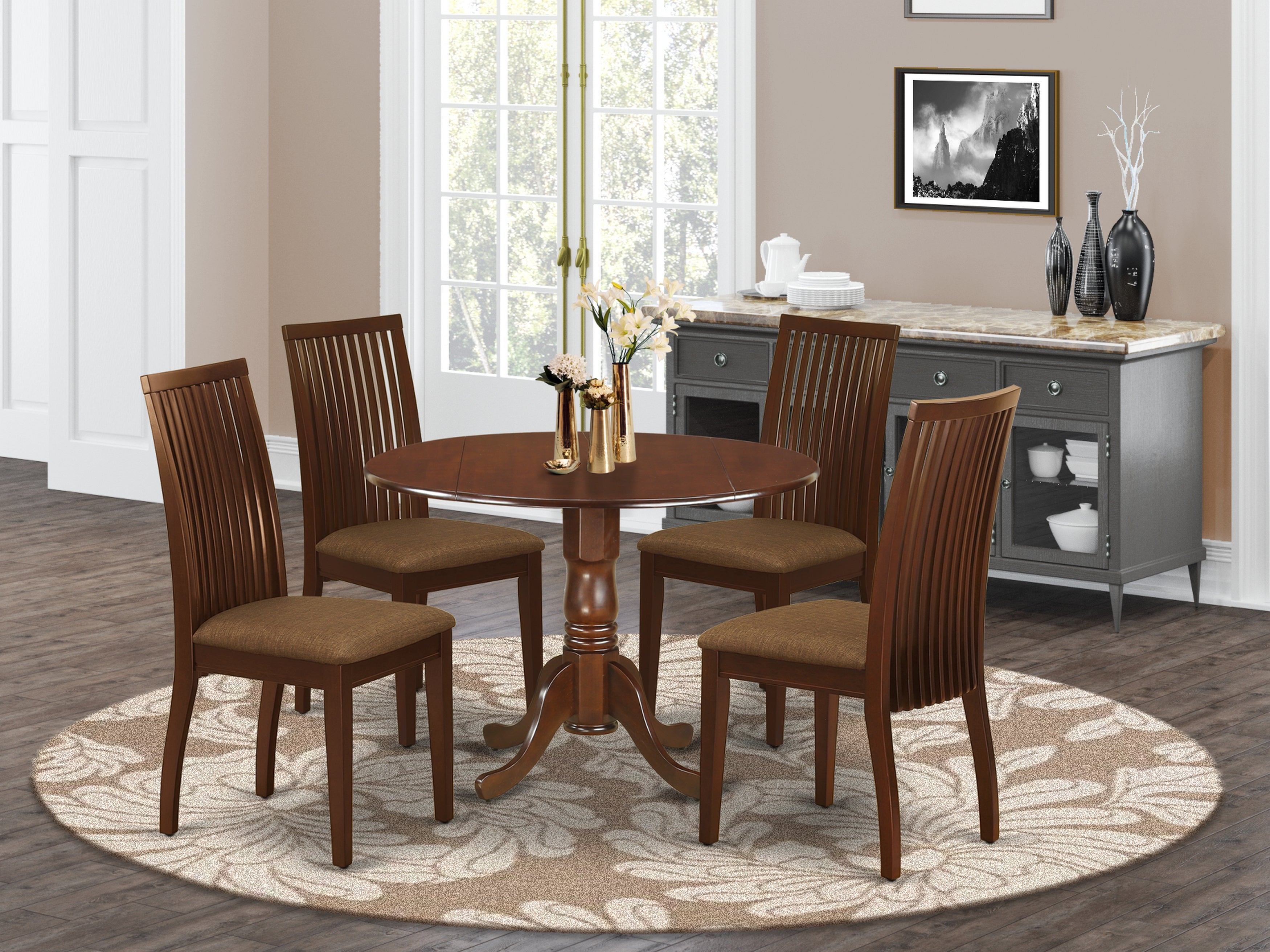 DLIP5-MAH-C 5Pc Dining Set Includes a Round Dinette Table with Drop Leaves and Four Microfiber Seat Dining Chairs, Mahogany Finish